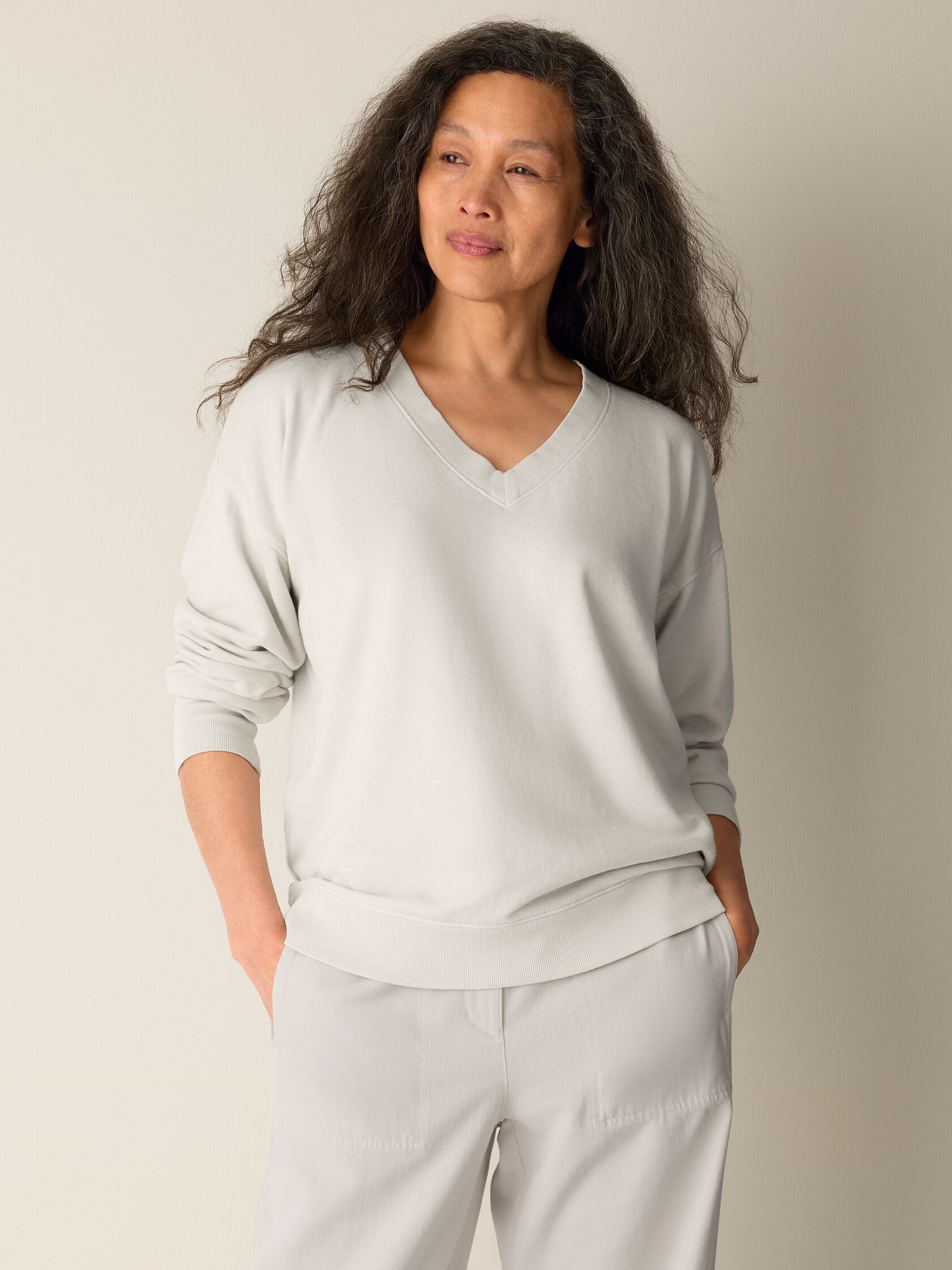 Garment-Dyed Organic Cotton Terry V-Neck Top