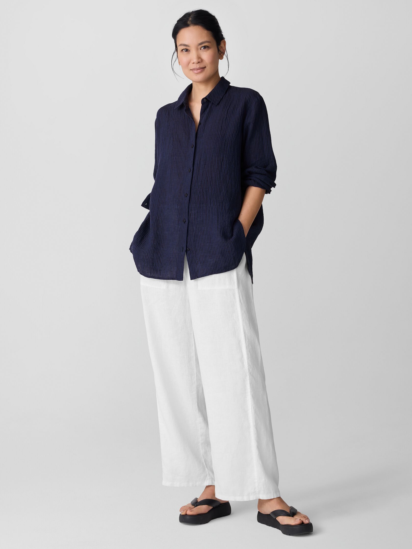 Puckered Organic Linen Stripe Classic Collar Shirt