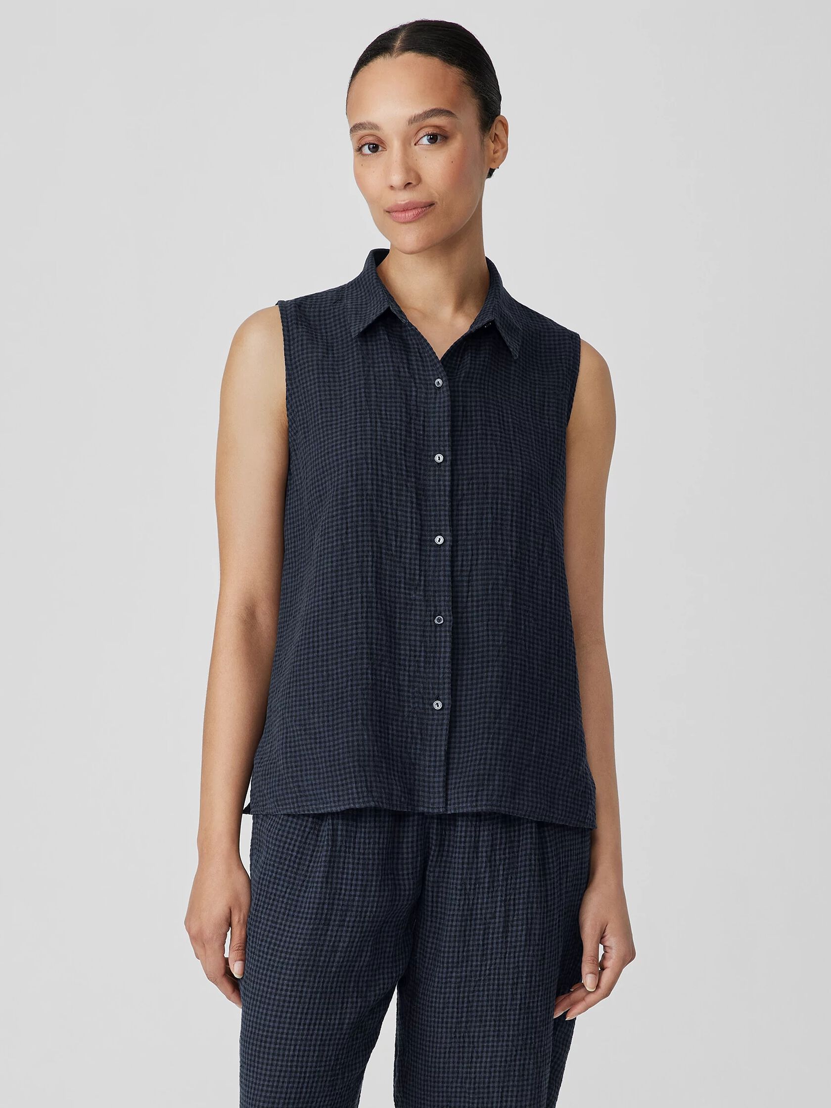 Puckered Organic Linen Sleeveless Shirt