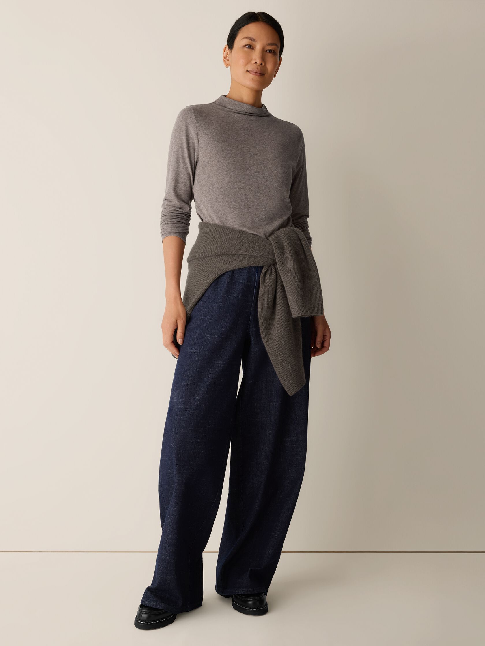 M&eacute;lange Sheer Cotton Blend Knit Funnel Neck Top
