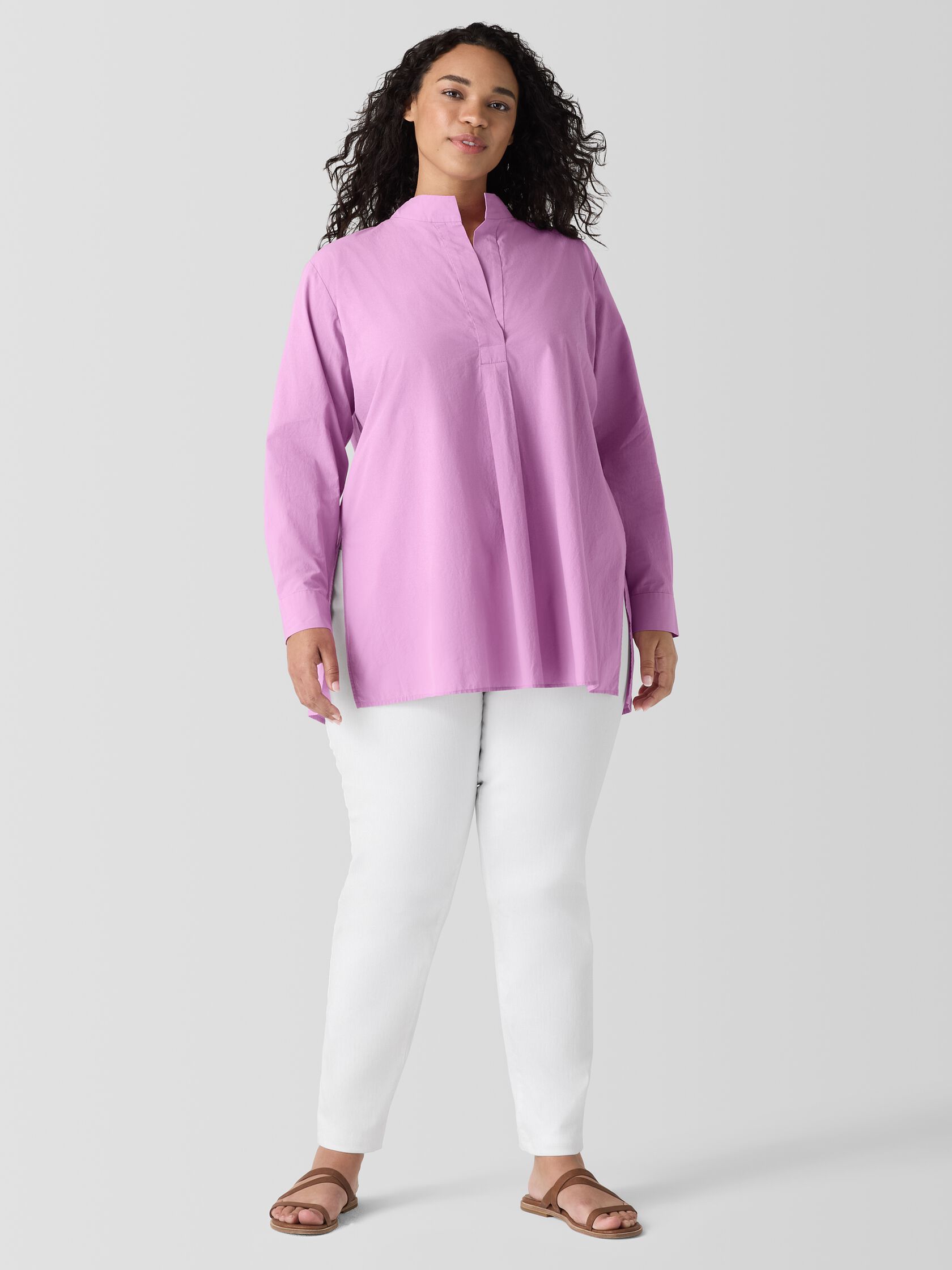 Washed Organic Cotton Poplin Stand Collar Top