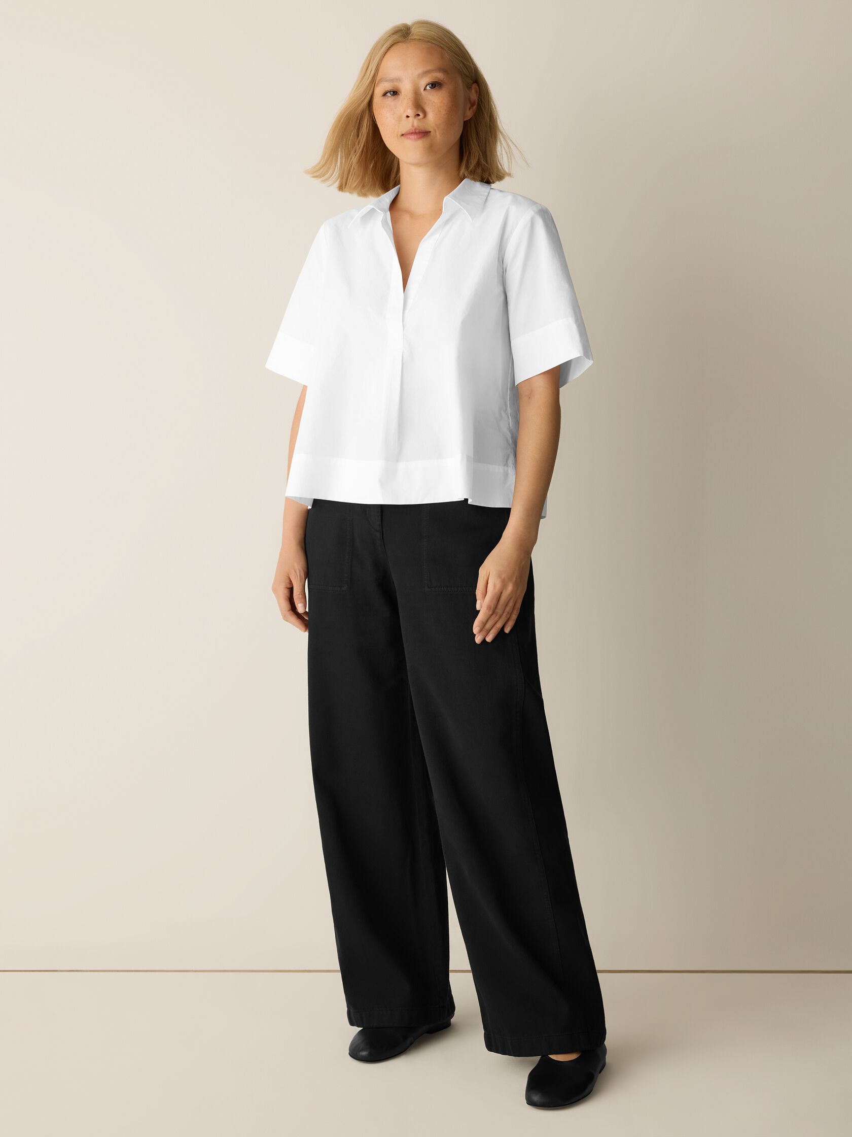 Organic Cotton Poplin Split Neck Top