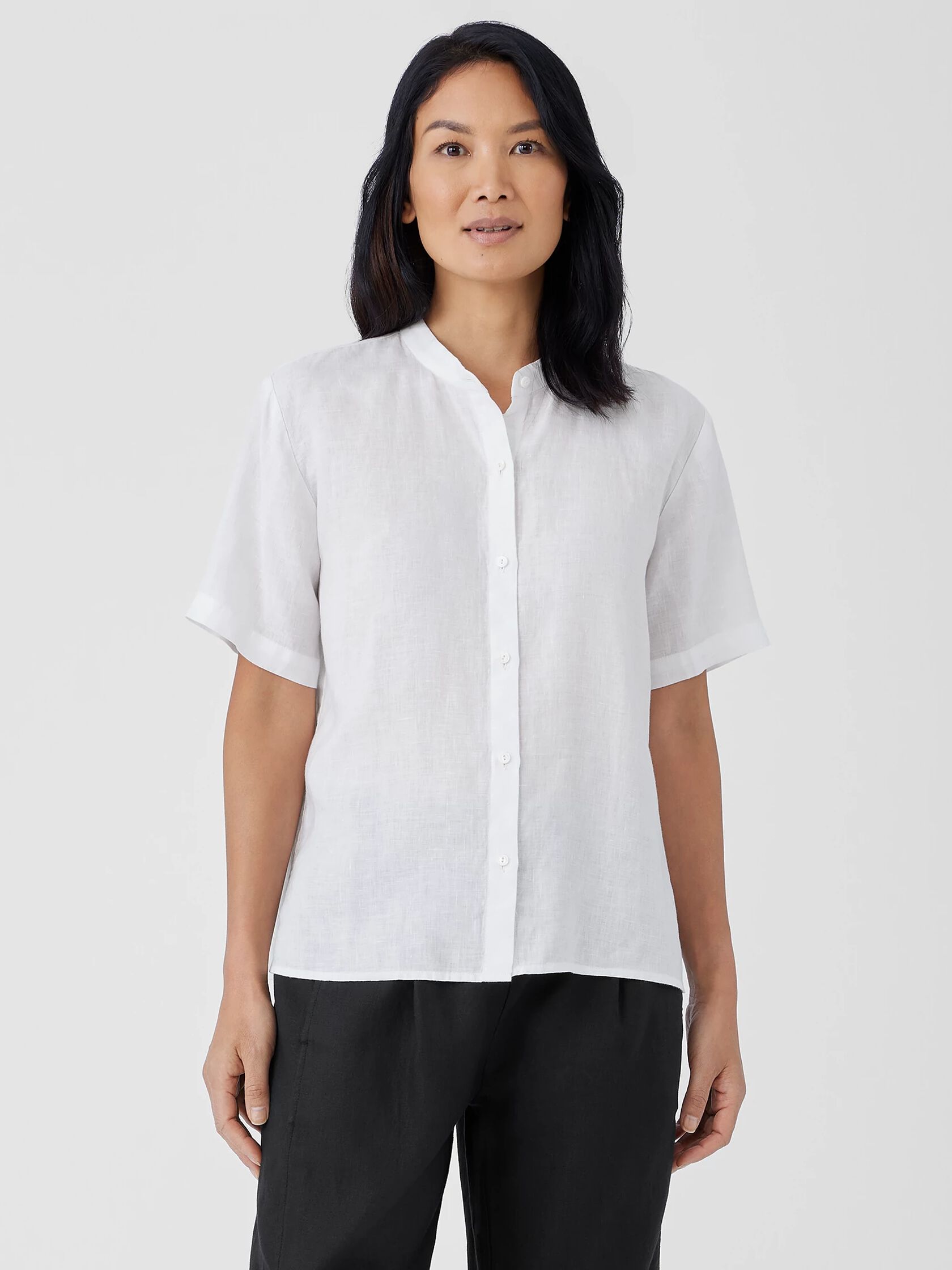 Organic Handkerchief Linen Band Collar Short-Sleeve Shirt