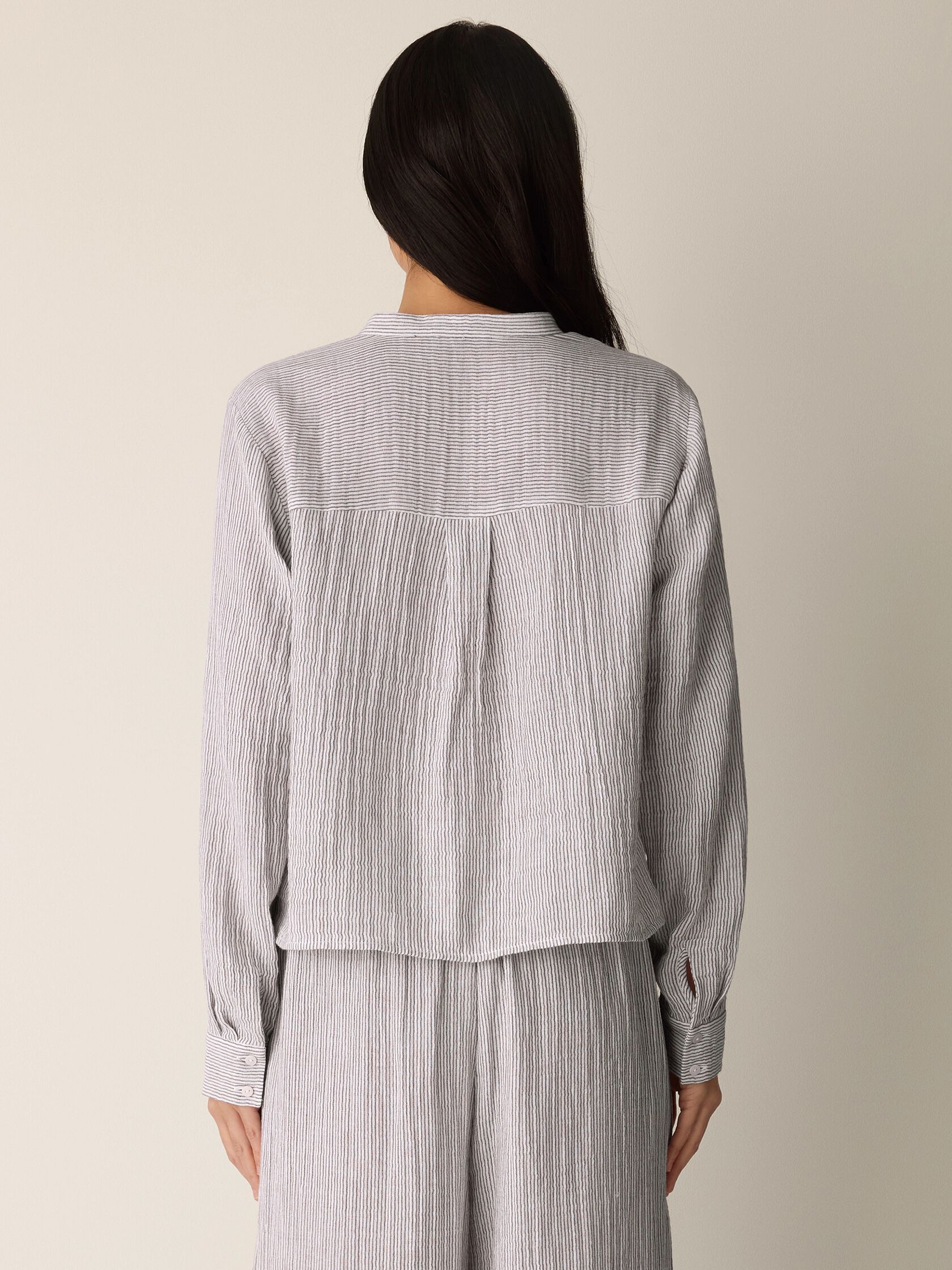 Striped Organic Cotton Gauze Band Collar Shirt