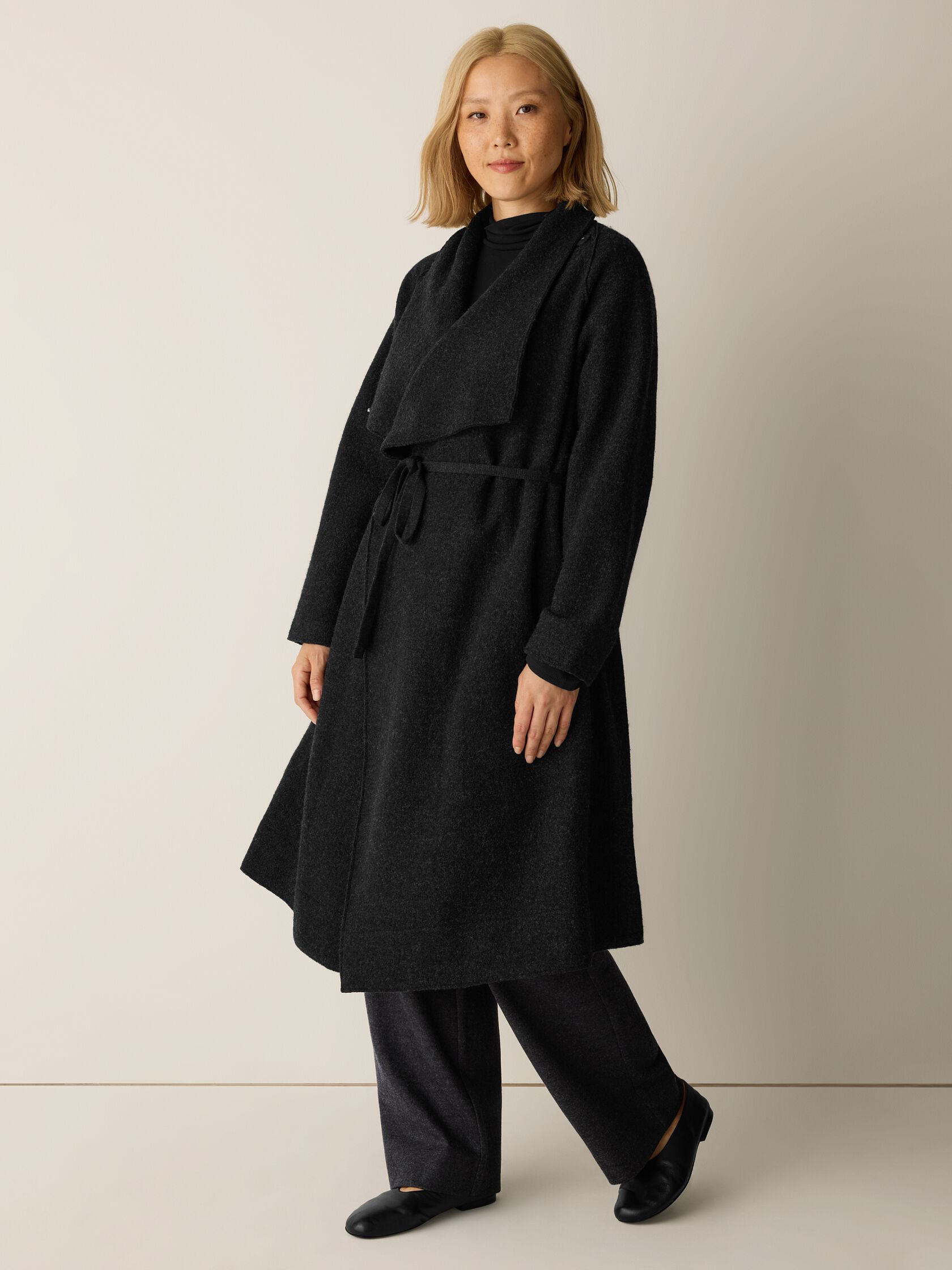 Lightweight Boiled Wool Drape Neck Coat in Regenerative Wool