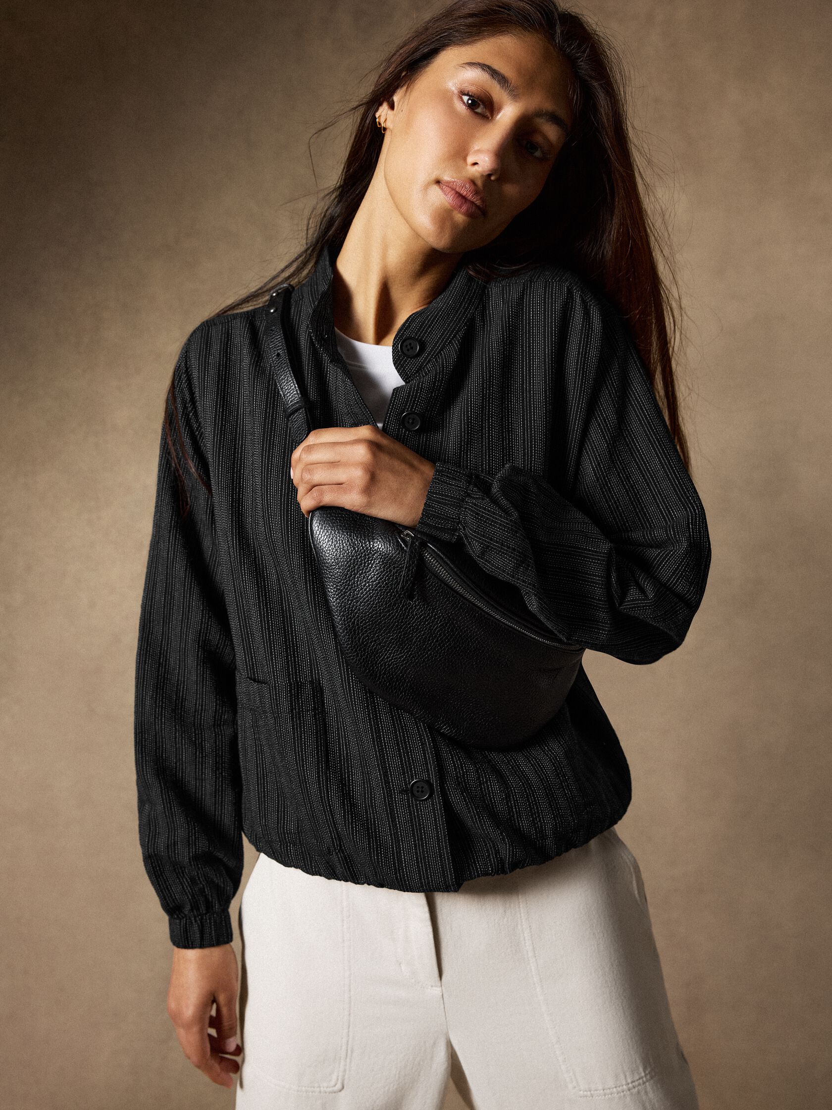 Cotton Blend Stripe Stitch Flight Jacket