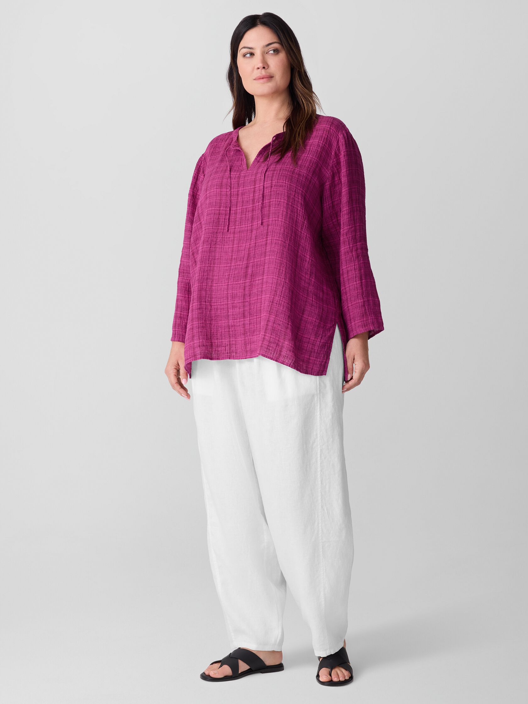 Puckered Organic Linen Plaid Keyhole Top