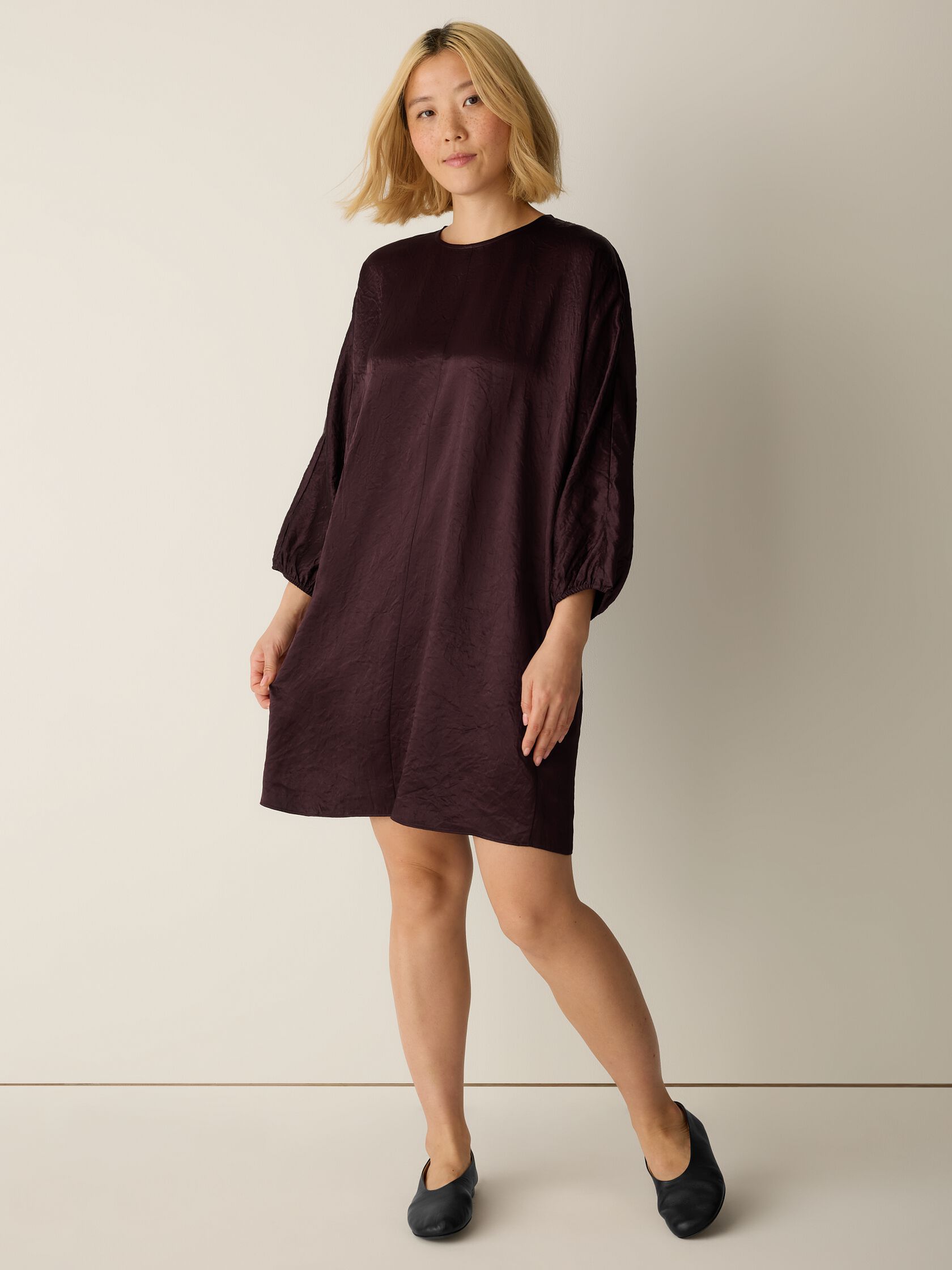 Textured Satin Round Neck Dolman-Sleeve Dress