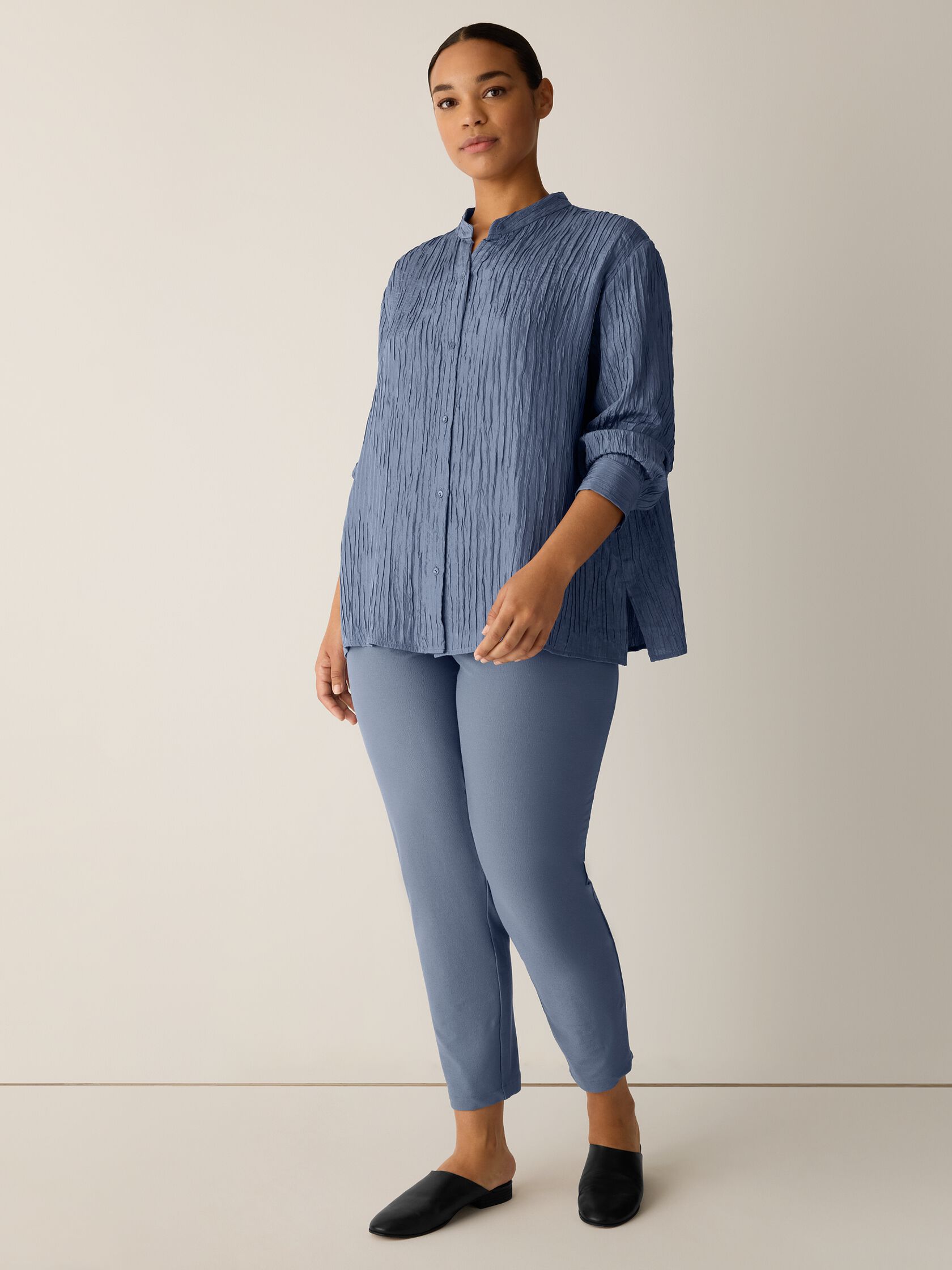 Textured Silk Jacquard Band Collar Shirt