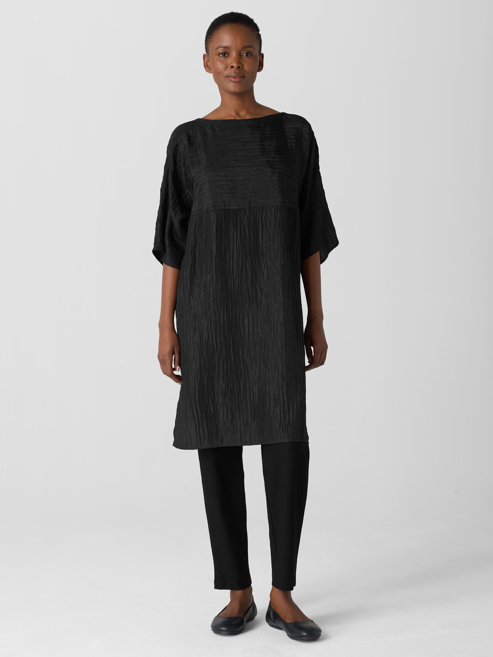Textured Silk Jacquard Bateau Neck Long Top