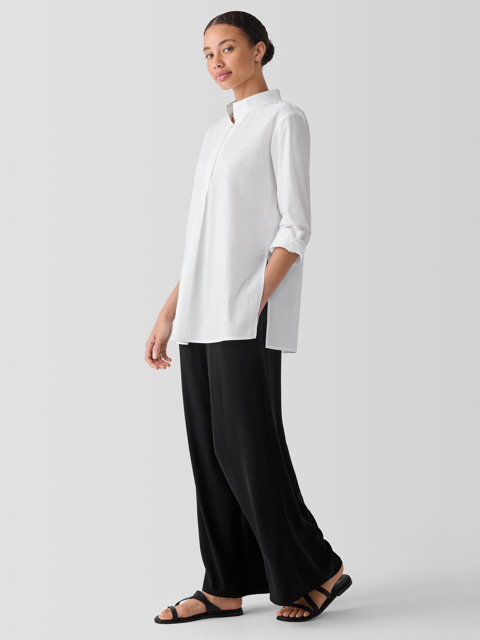 Washed Organic Cotton Poplin Stand Collar Top