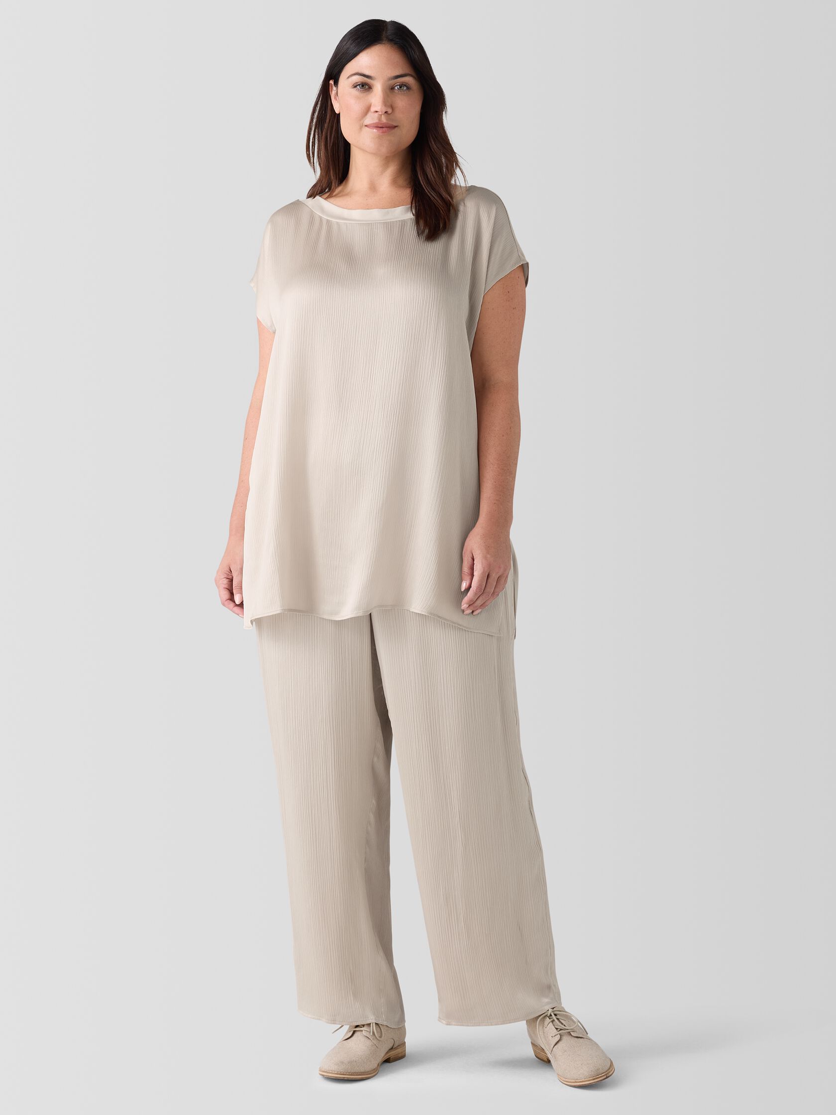 Striated Silk Satin Bateau Neck Top