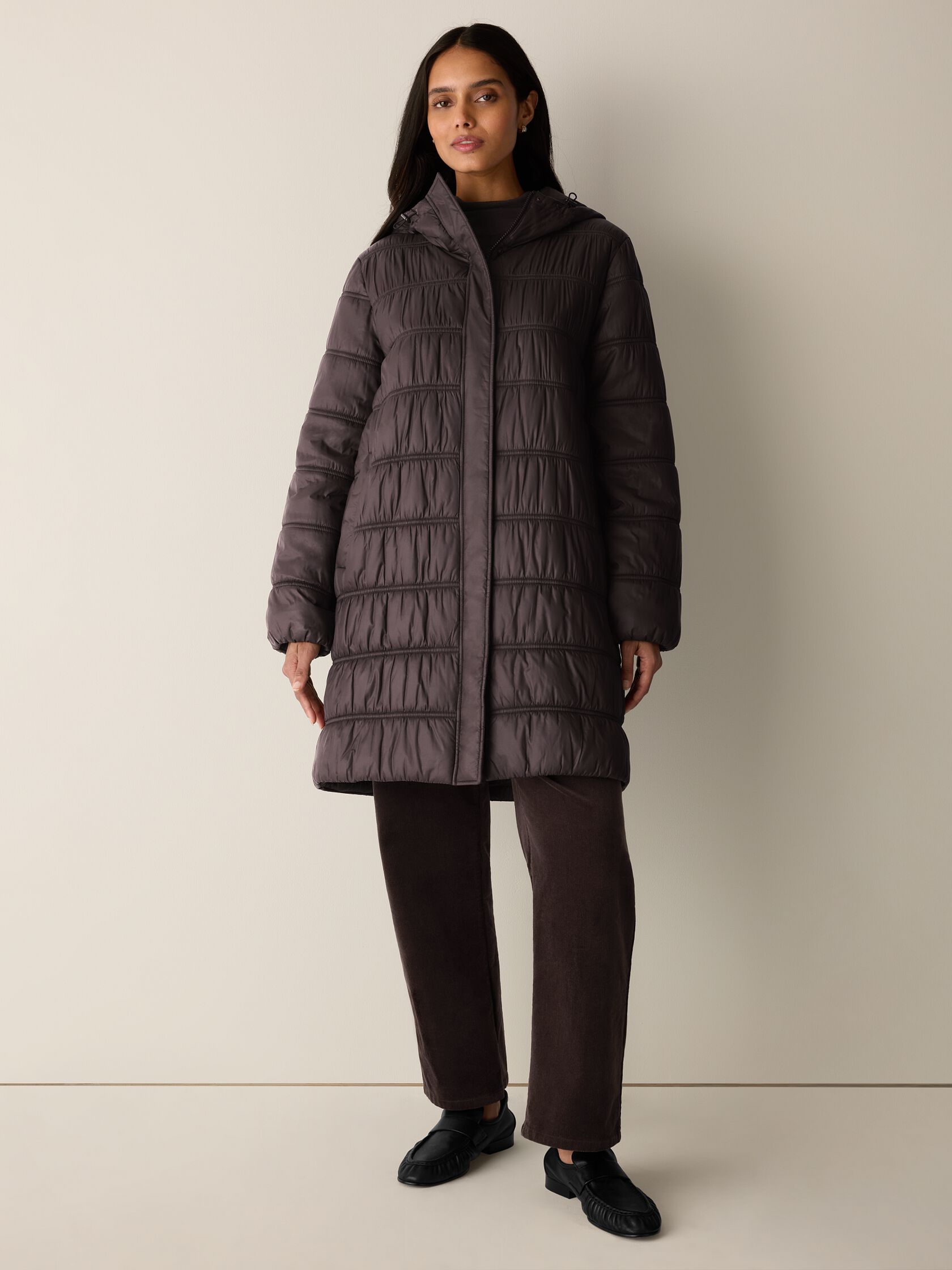 Eggshell Recycled Nylon Hooded Quilted Coat