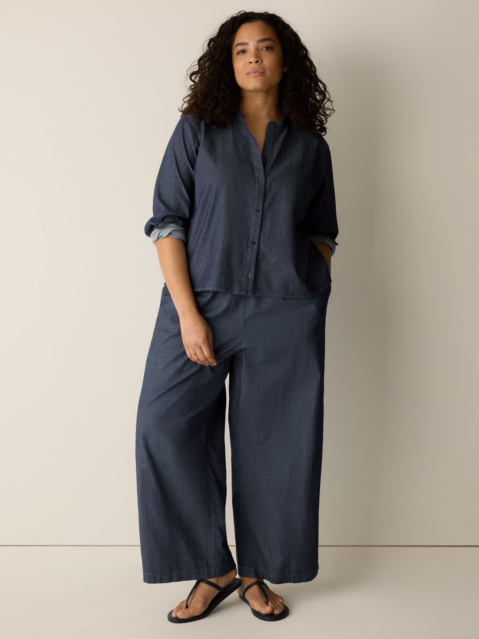 Airy Organic Cotton Twill Band Collar Shirt