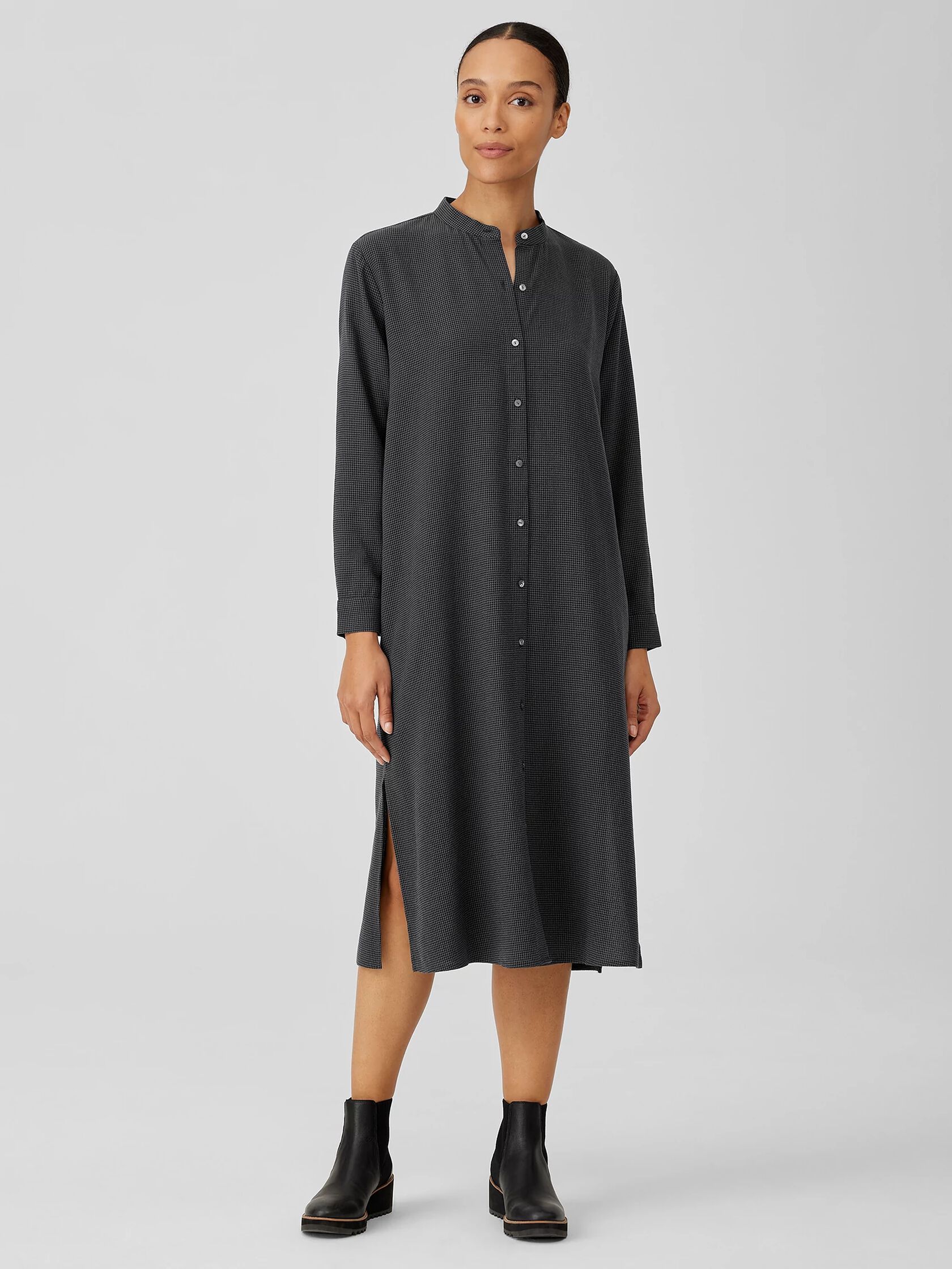 Mini Check Crepe Mandarin Collar Dress