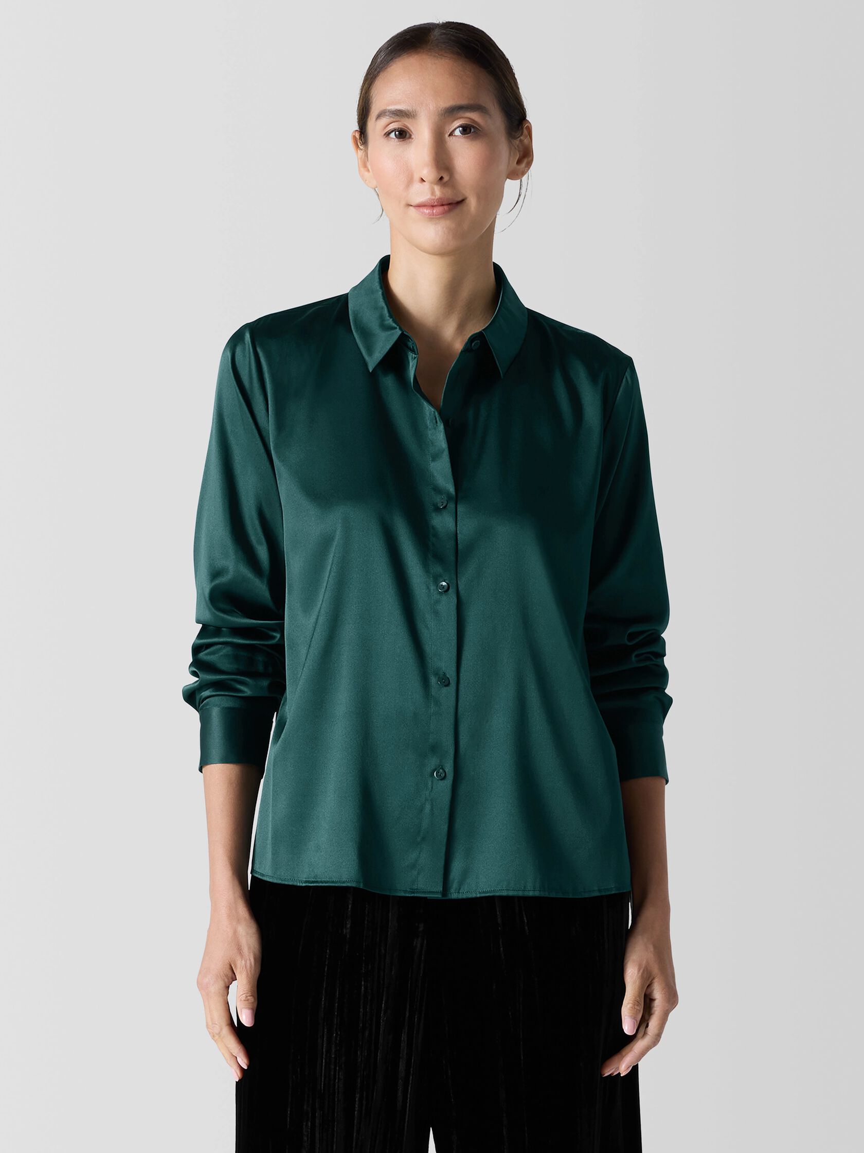 Stretch Silk Charmeuse Classic Collar Shirt