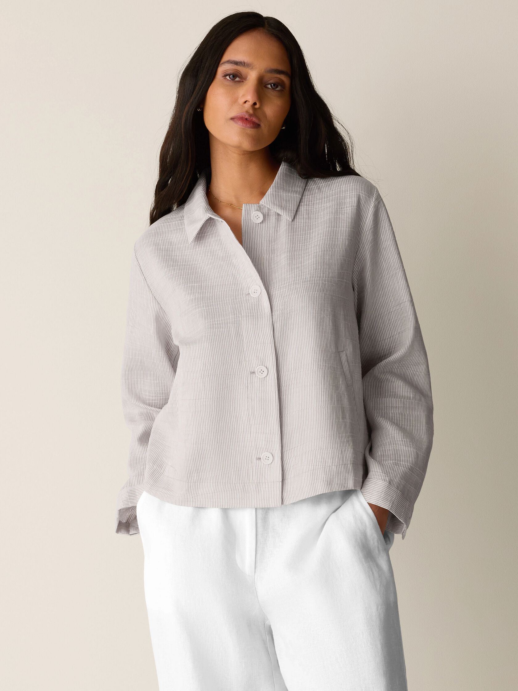 Striped Linen Nylon Sheen Classic Collar Jacket