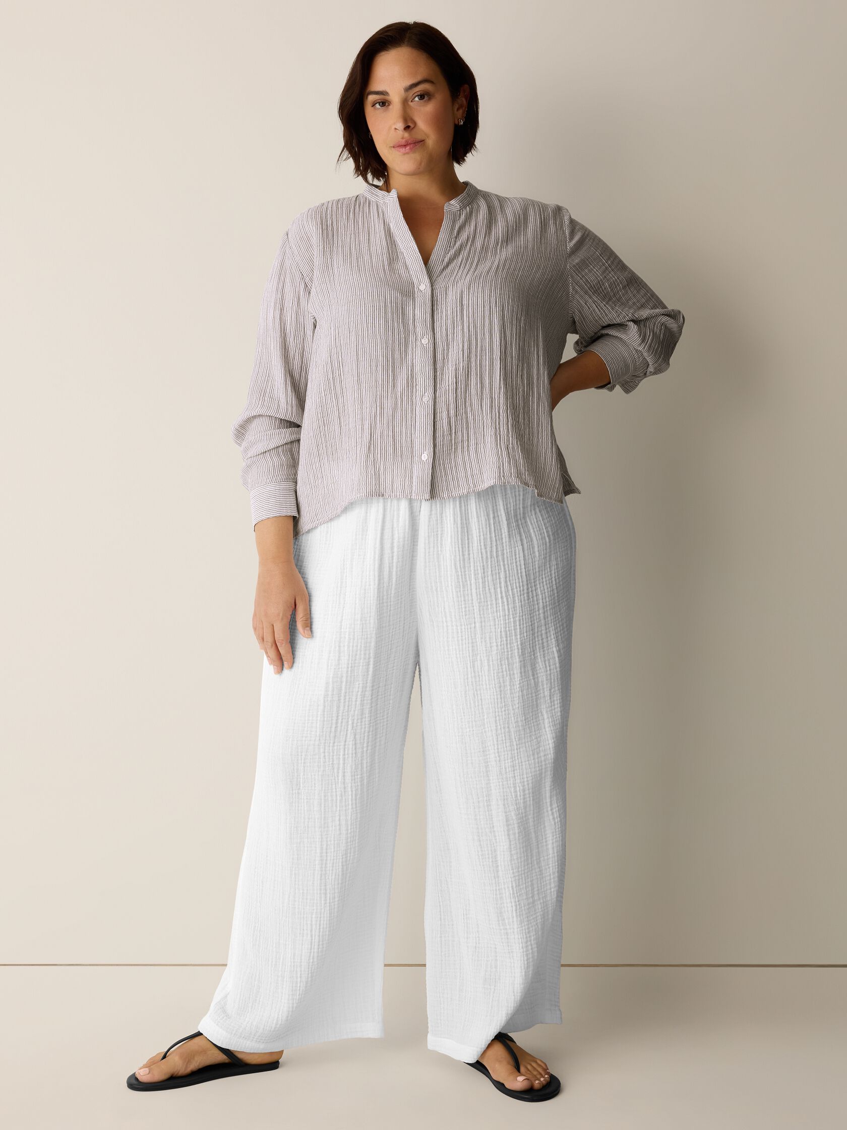 Striped Organic Cotton Gauze Band Collar Shirt
