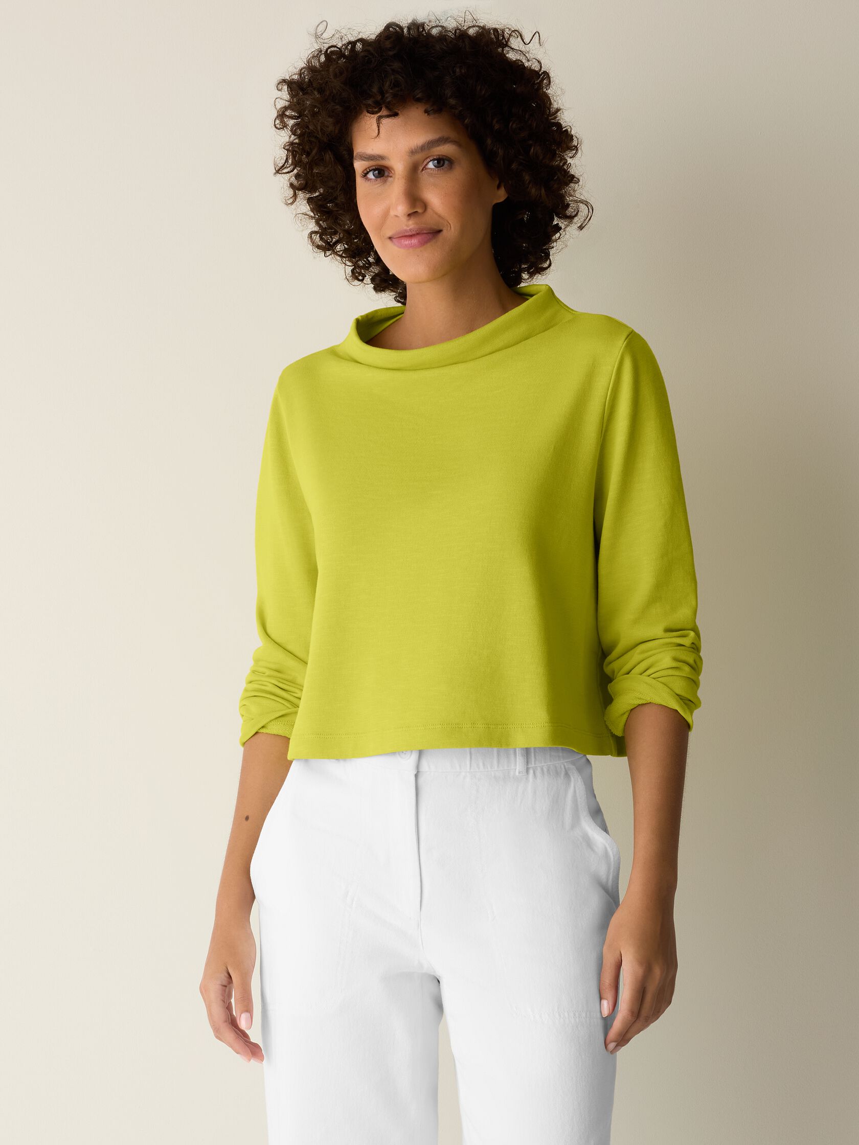 Garment-Dyed Organic Cotton Terry Funnel Neck Top