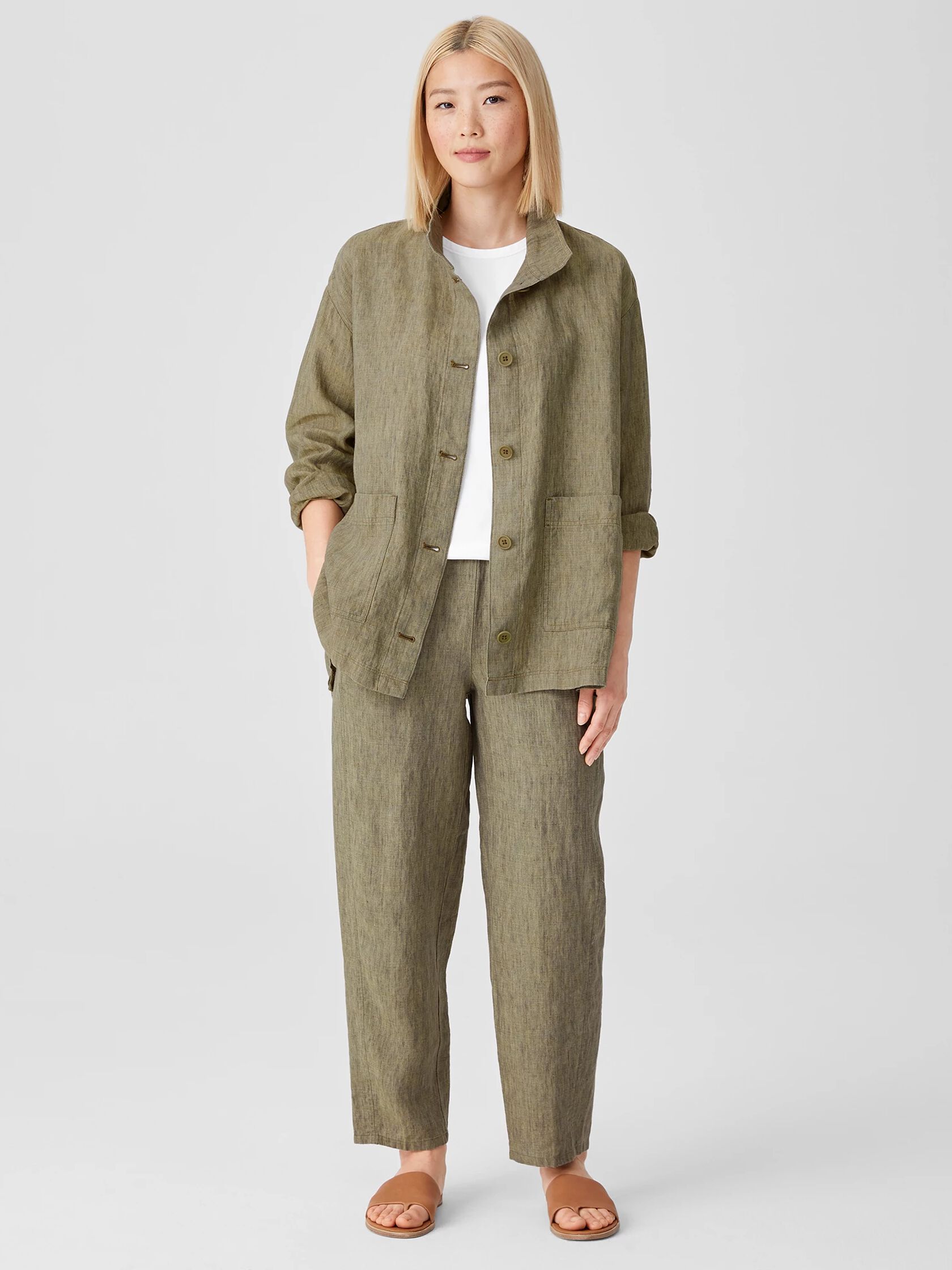 Washed Organic Linen Delave Stand Collar Jacket