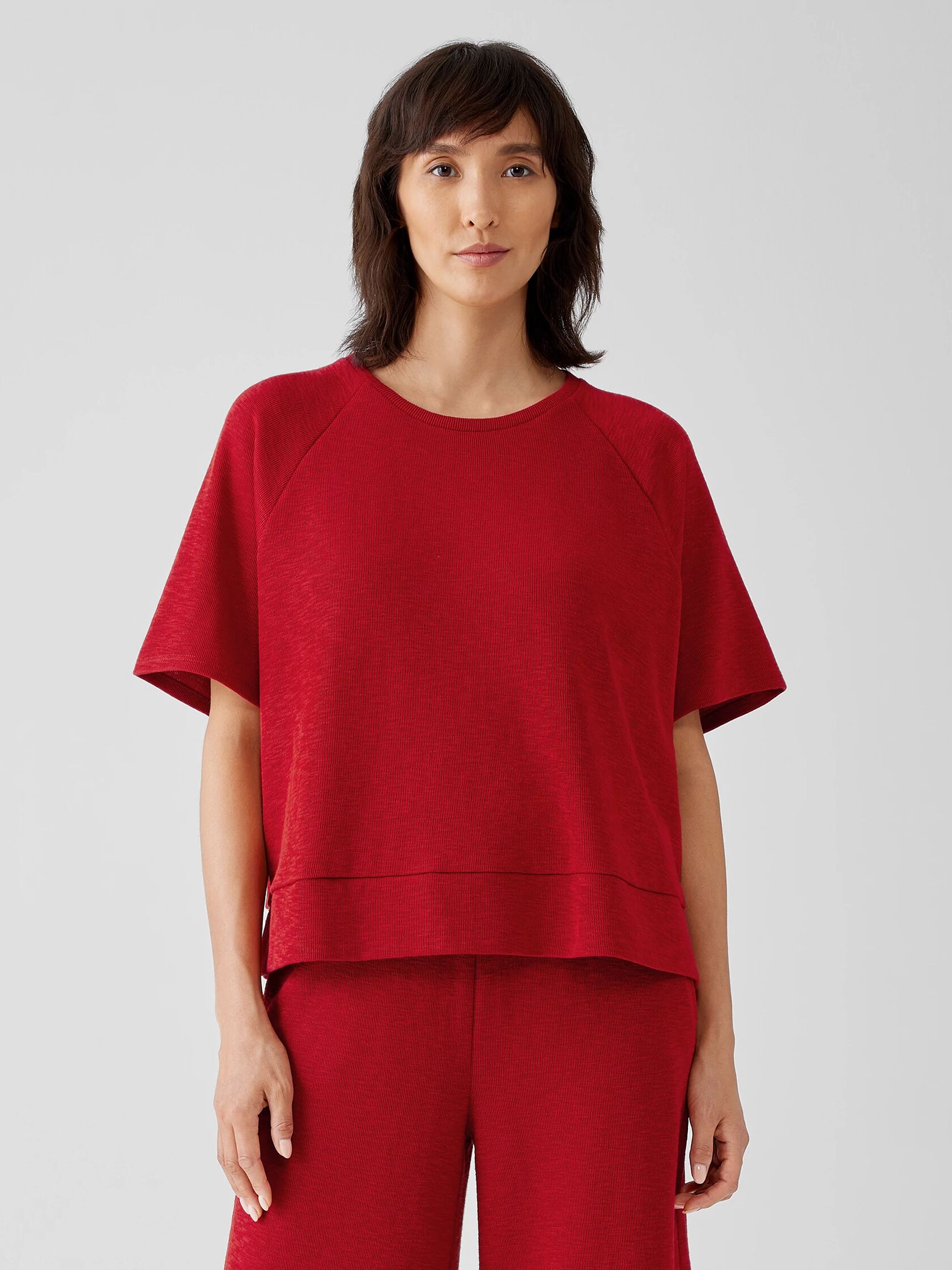 Organic Cotton Slubby Rib Knit Elbow-Sleeve Top