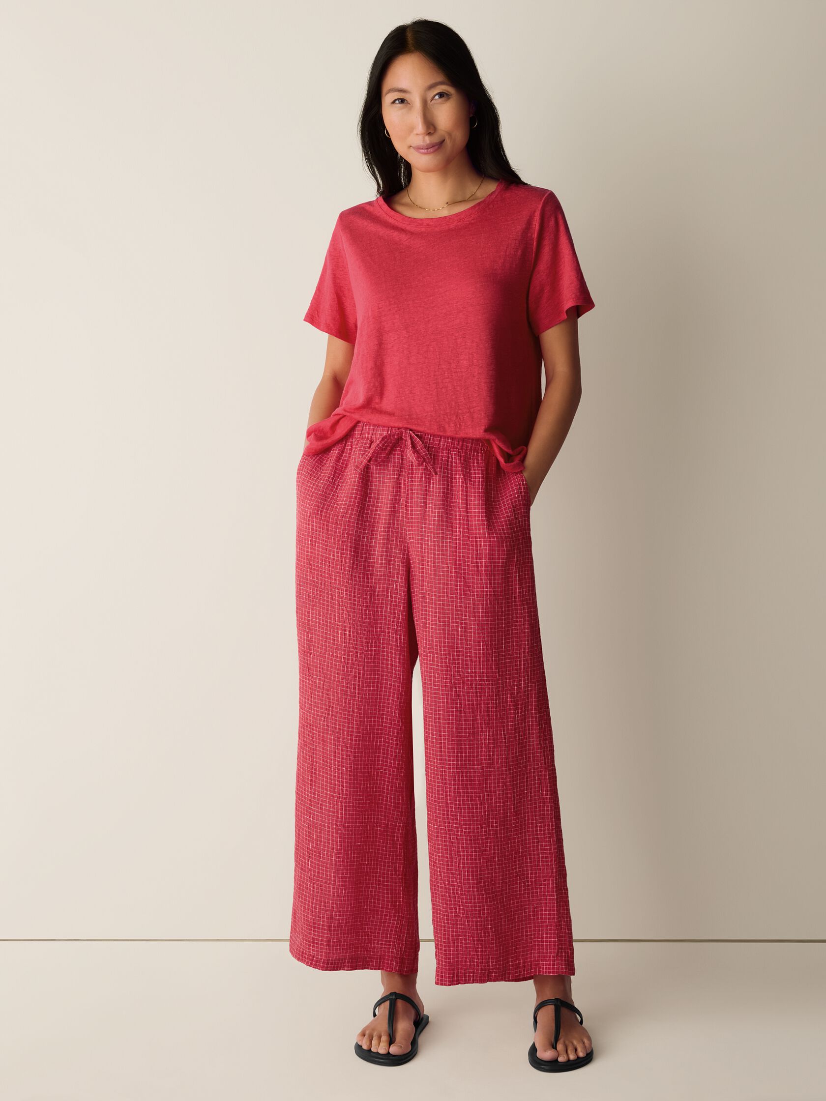 Puckered Organic Linen Grid Wide-Leg Pant