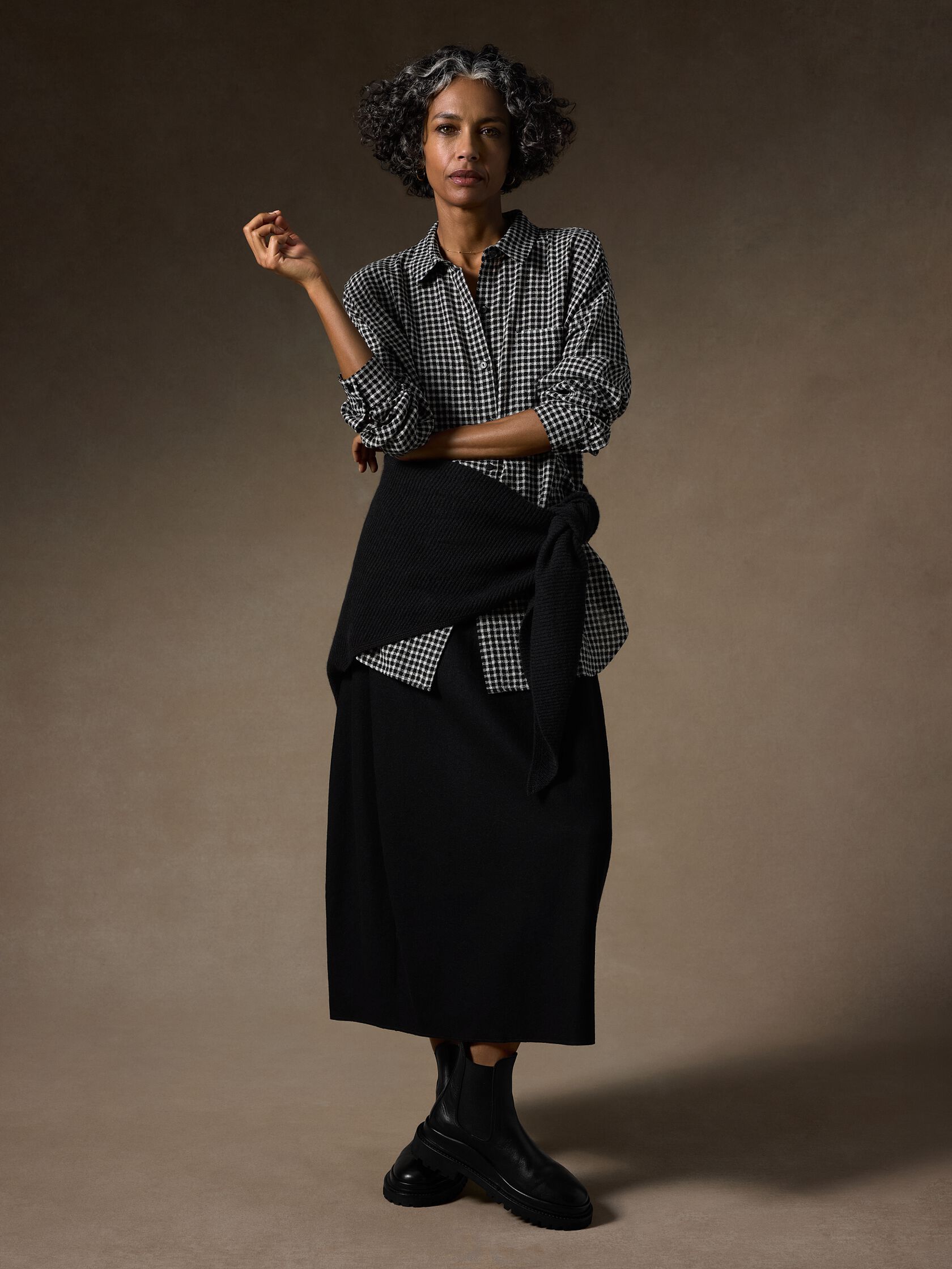 Wool Cotton Check Classic Collar Long Shirt