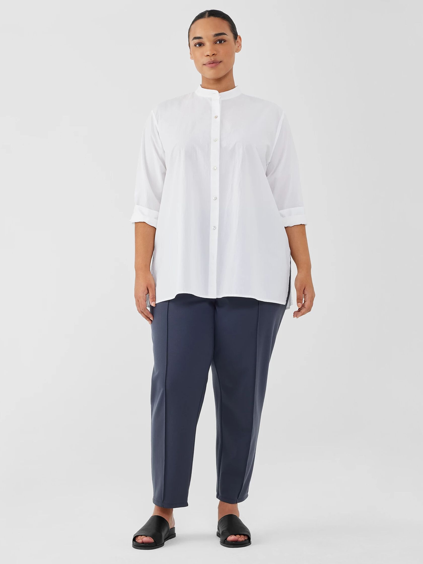 Washed Organic Cotton Poplin Band Collar Shirt