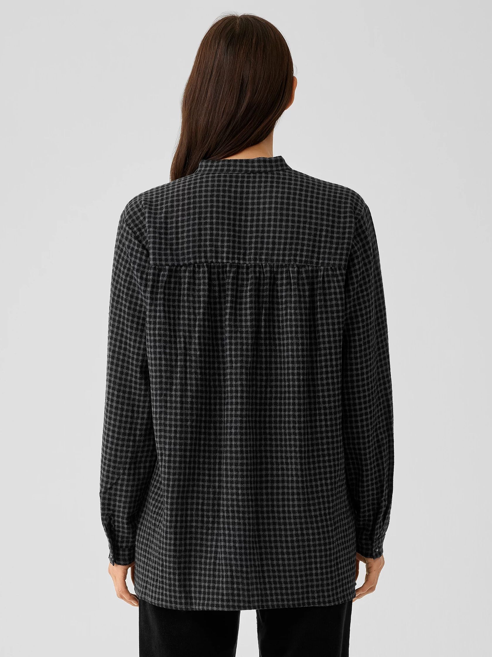 Wool Cotton Check Mandarin Collar Long Shirt