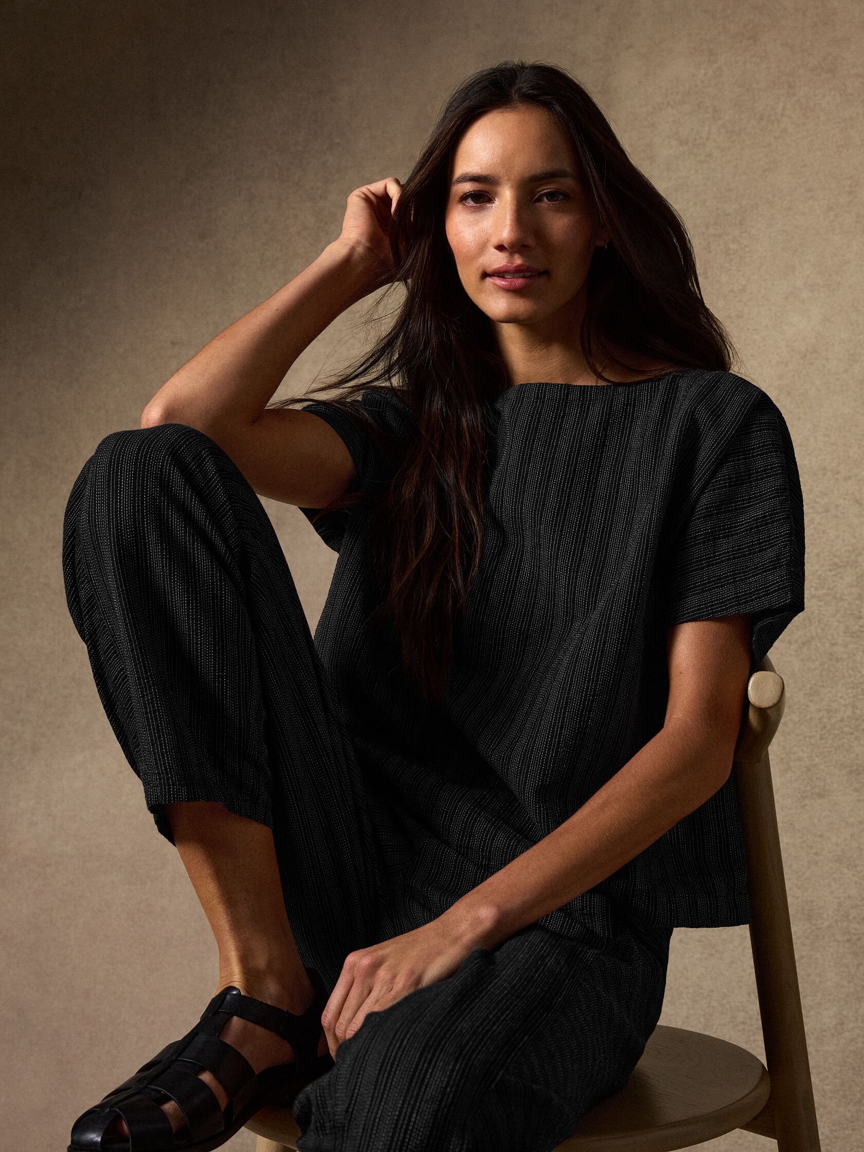 Cotton Blend Stripe Stitch Bateau Neck Top
