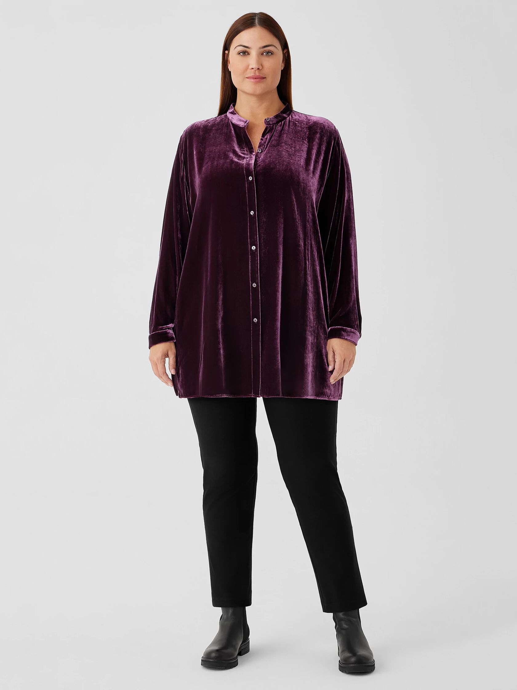 Velvet Band Collar Long Shirt