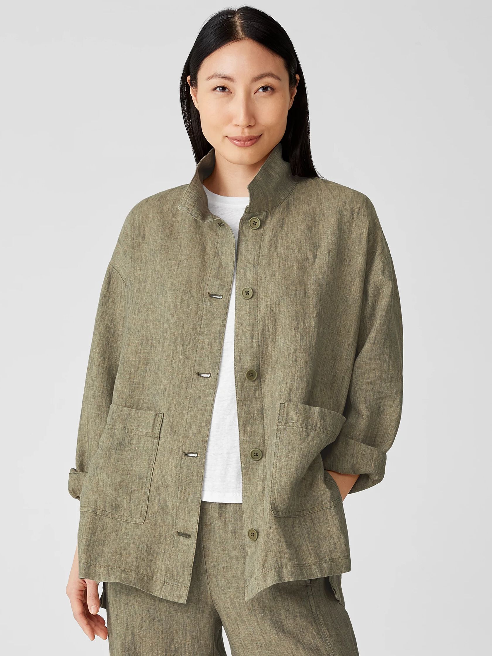 Washed Organic Linen Delave Stand Collar Jacket