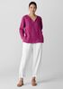 Puckered Organic Linen Plaid Keyhole Top
