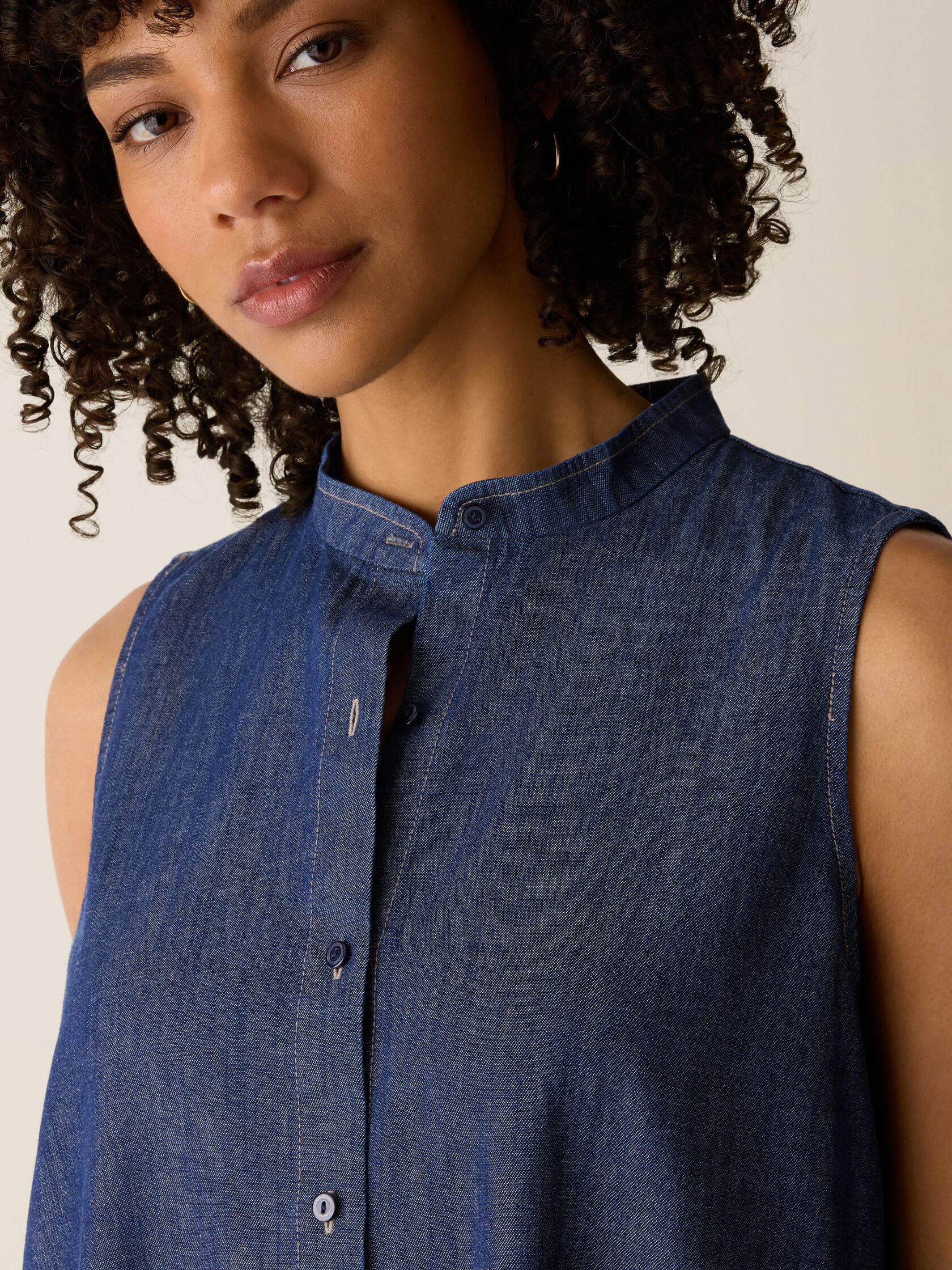 Lightweight Organic Cotton Denim Band Collar Dress
