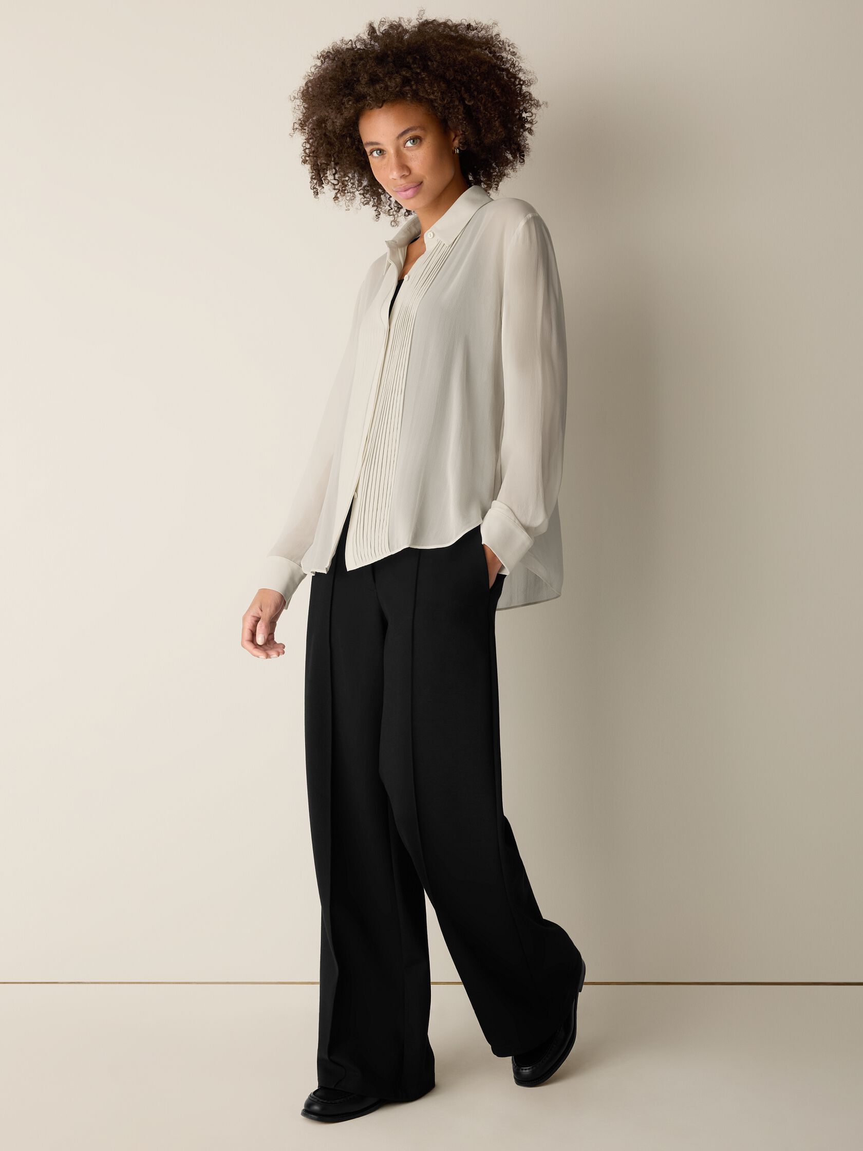 Sheer Silk Georgette Classic Collar Pintuck Shirt