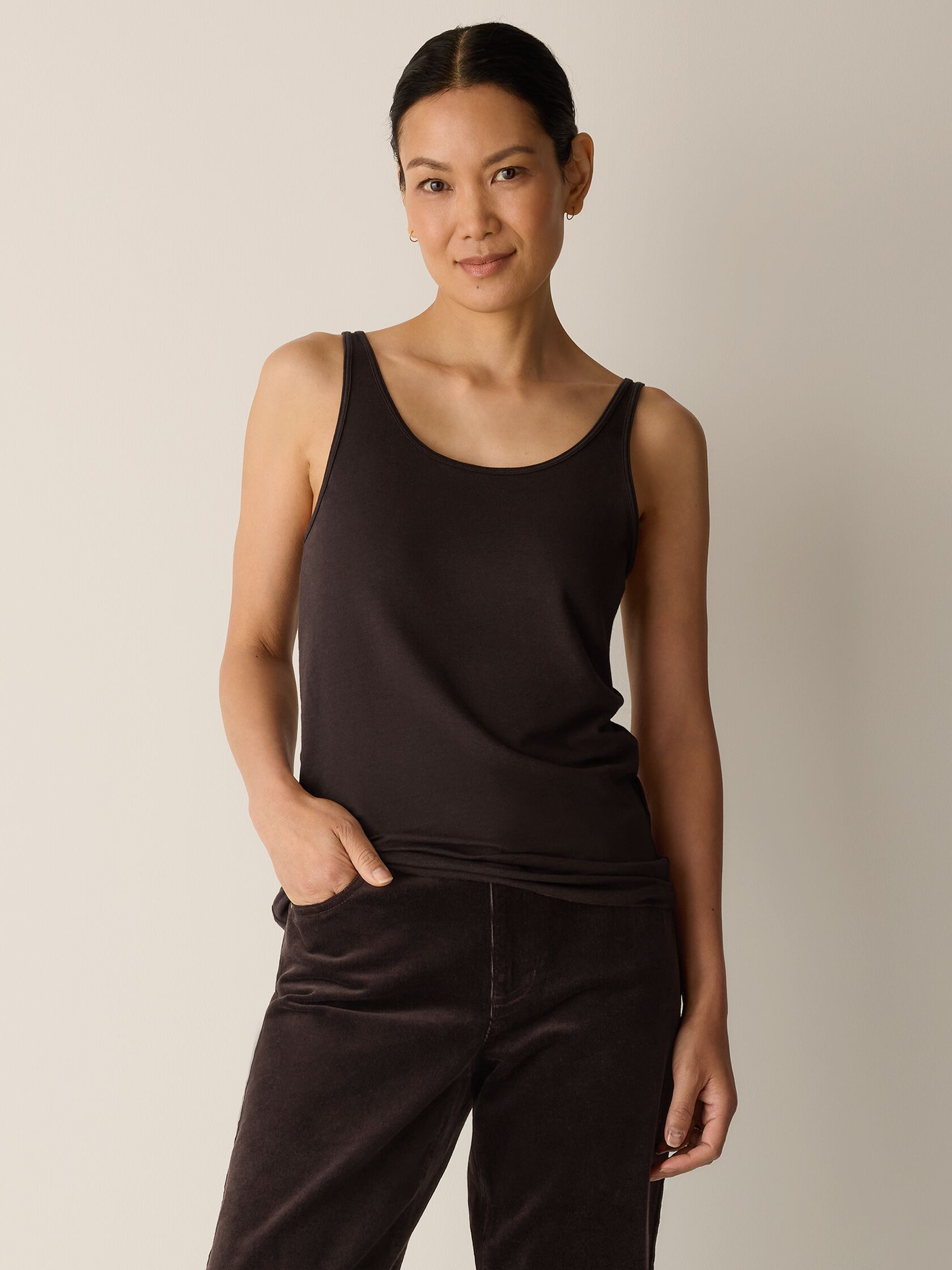 Sheer Cotton Blend Knit Scoop Neck Tank