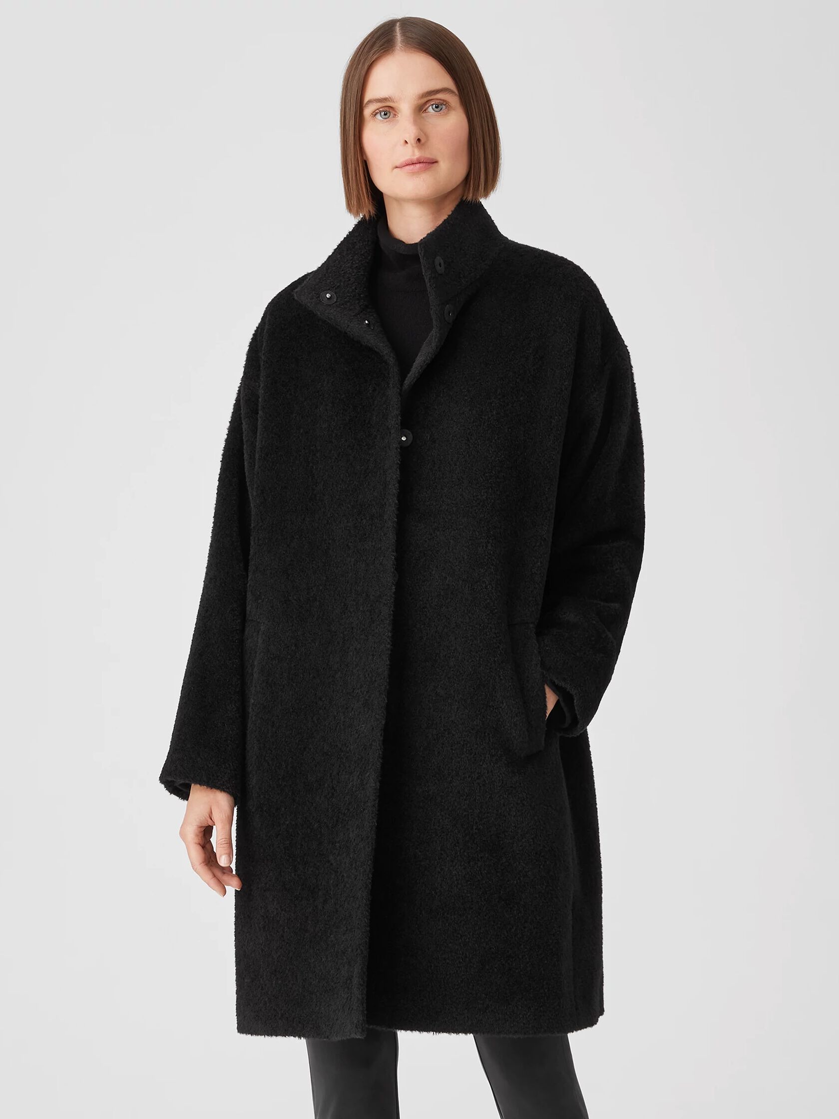 Sheared Suri Alpaca Stand Collar Coat | EILEEN FISHER