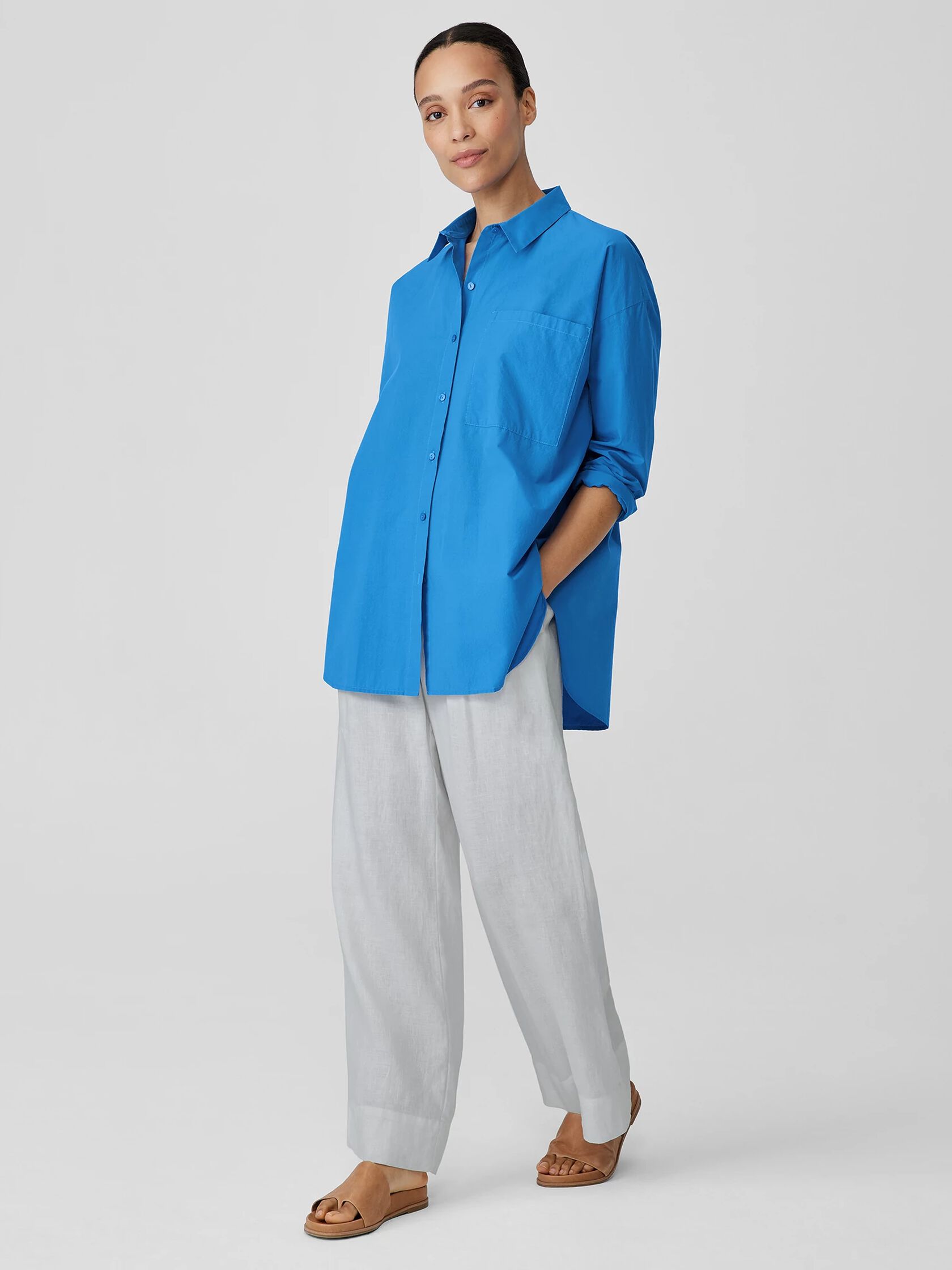 Washed Organic Cotton Poplin Classic Collar Long Shirt