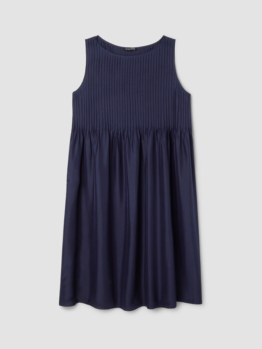 Eileen Fisher - Women's Pleated Silk Bateau Neck Dress - Blue - Size: Small regular Eileen Fisher - Women's Pleated Silk Bateau Neck Dress - Blue - Size: Small regular