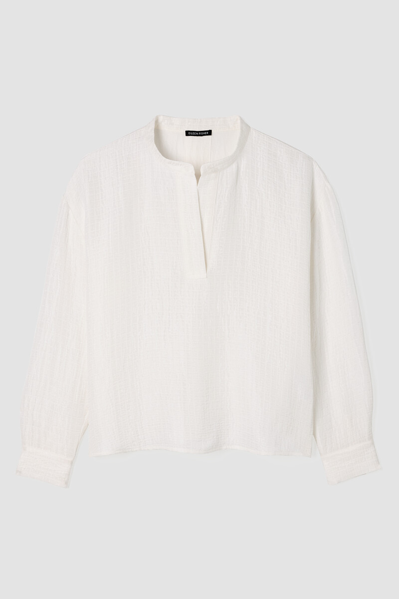 Silk Linen Box Band Collar Top Silk Linen Box Band Collar Top