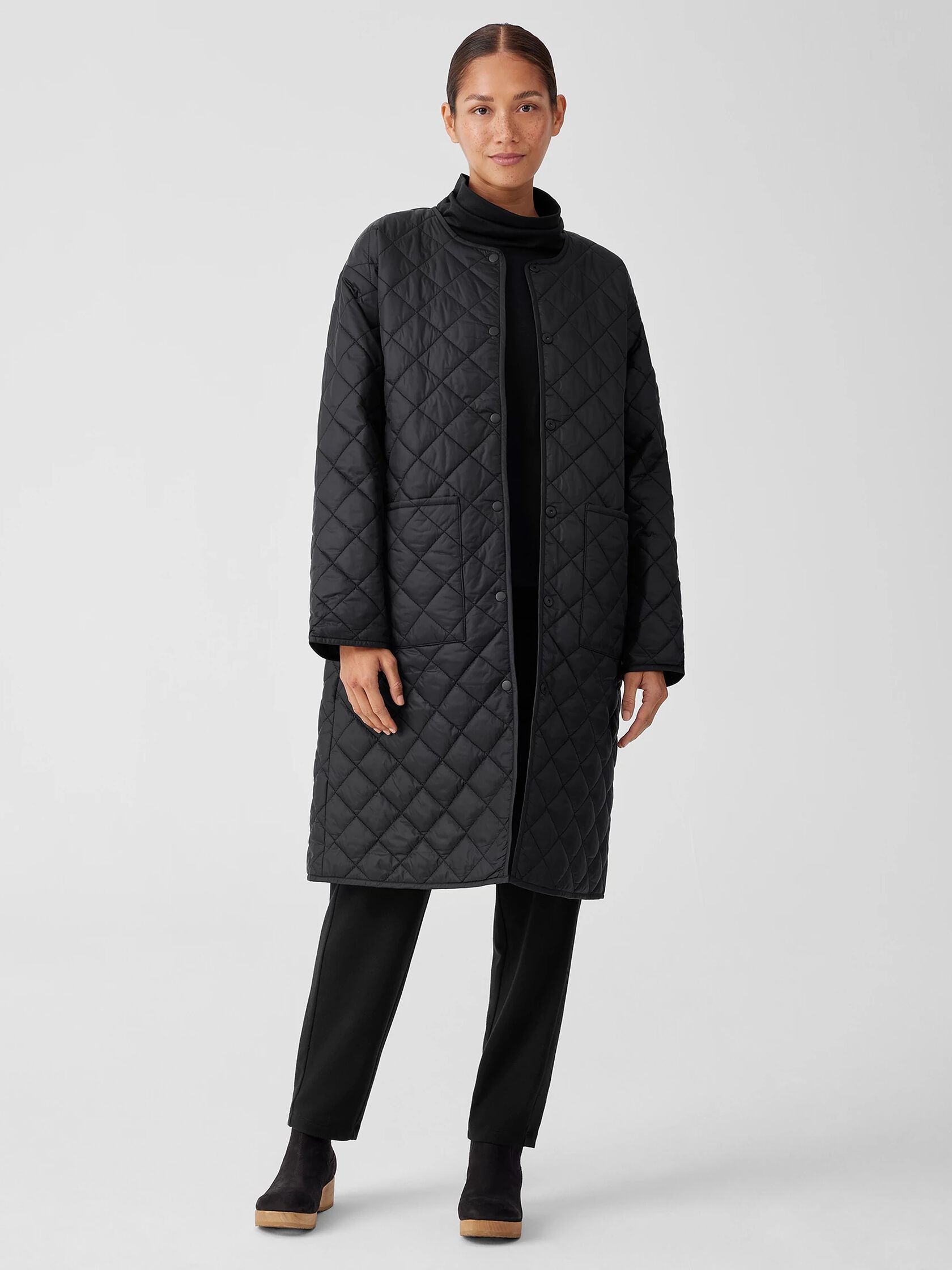 Eggshell Recycled Nylon Round Neck Coat