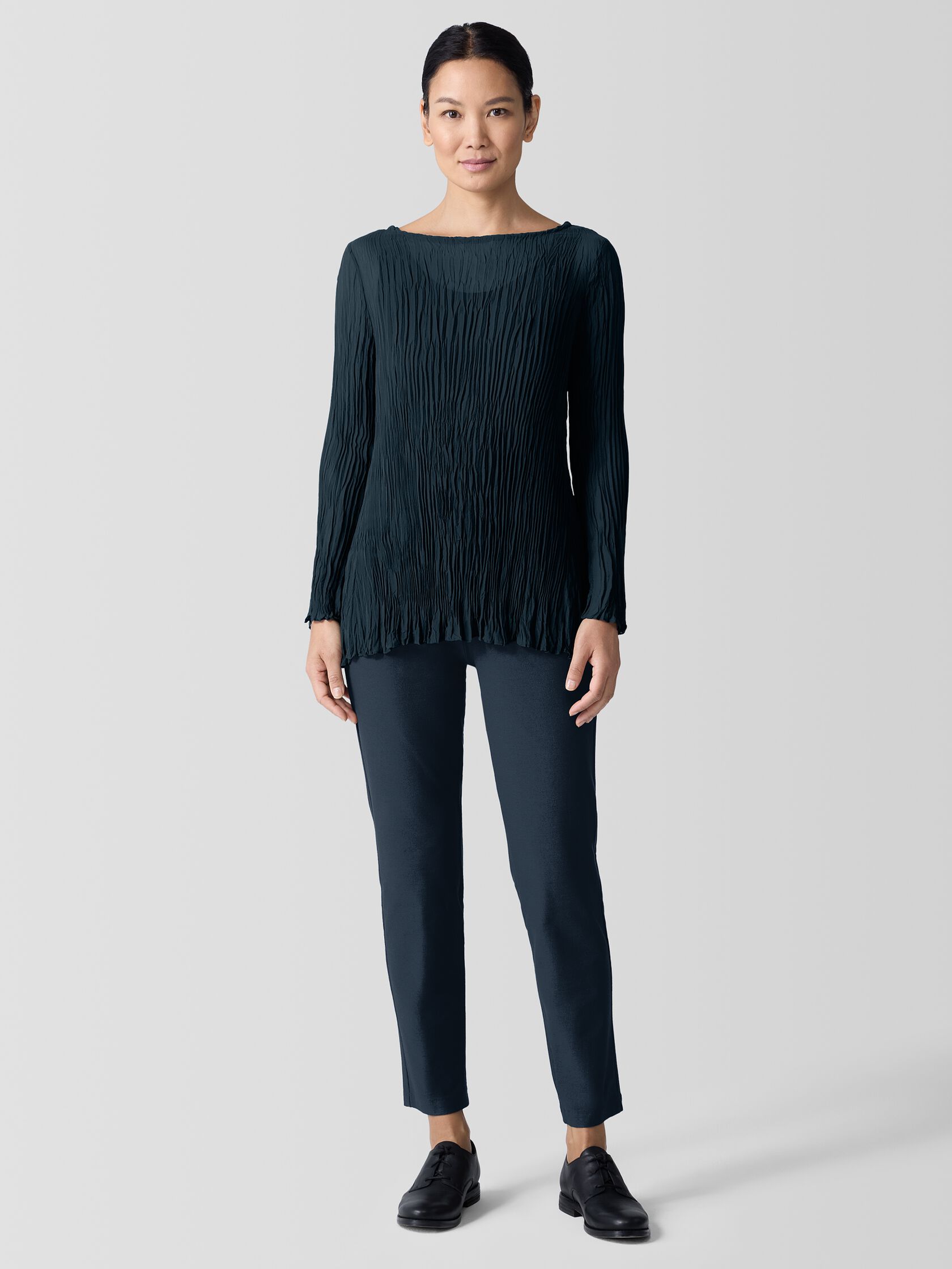 Crinkled Sheer Silk Georgette Bateau Neck Long Top