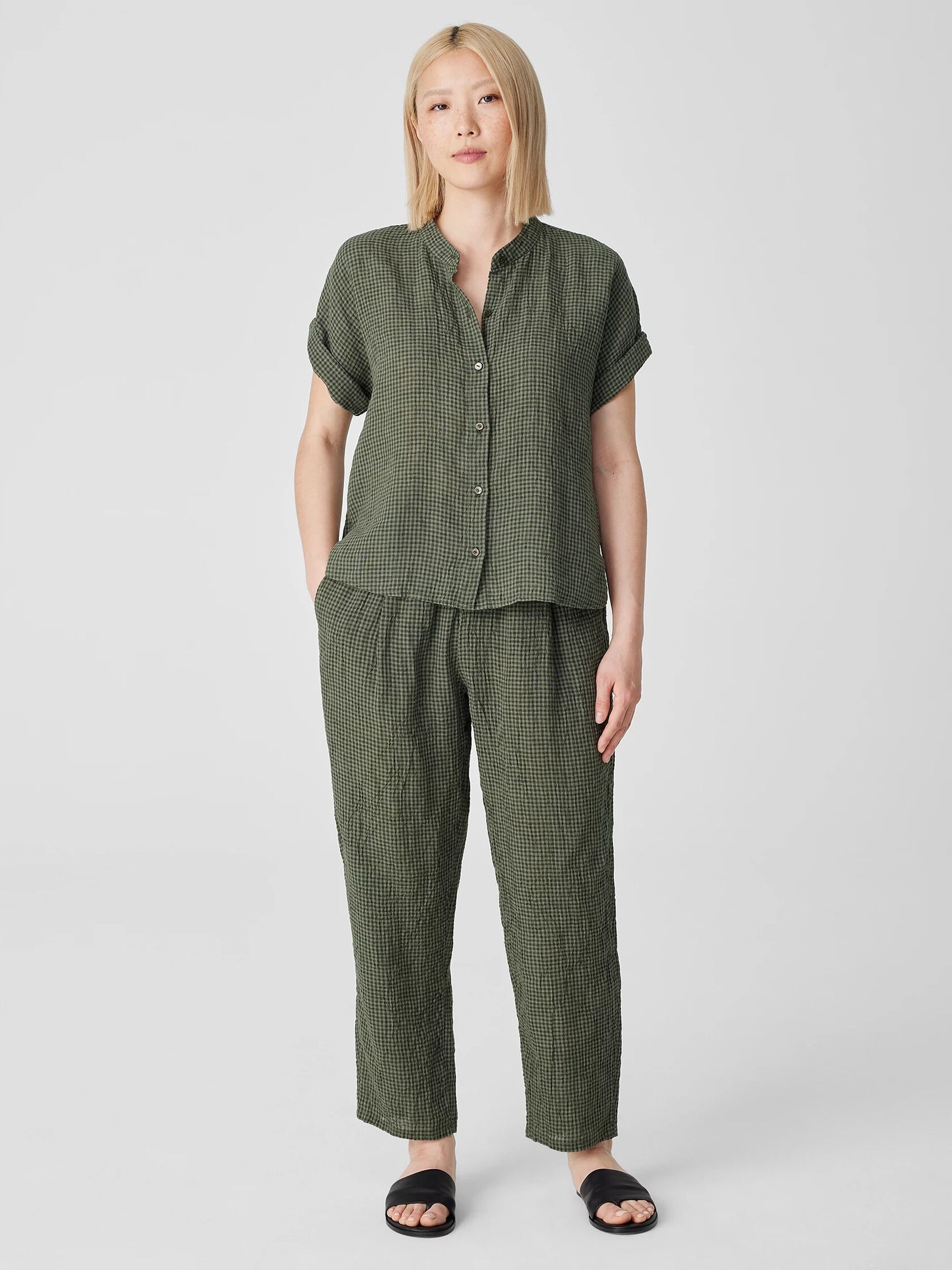 Puckered Organic Linen Short-Sleeve Shirt