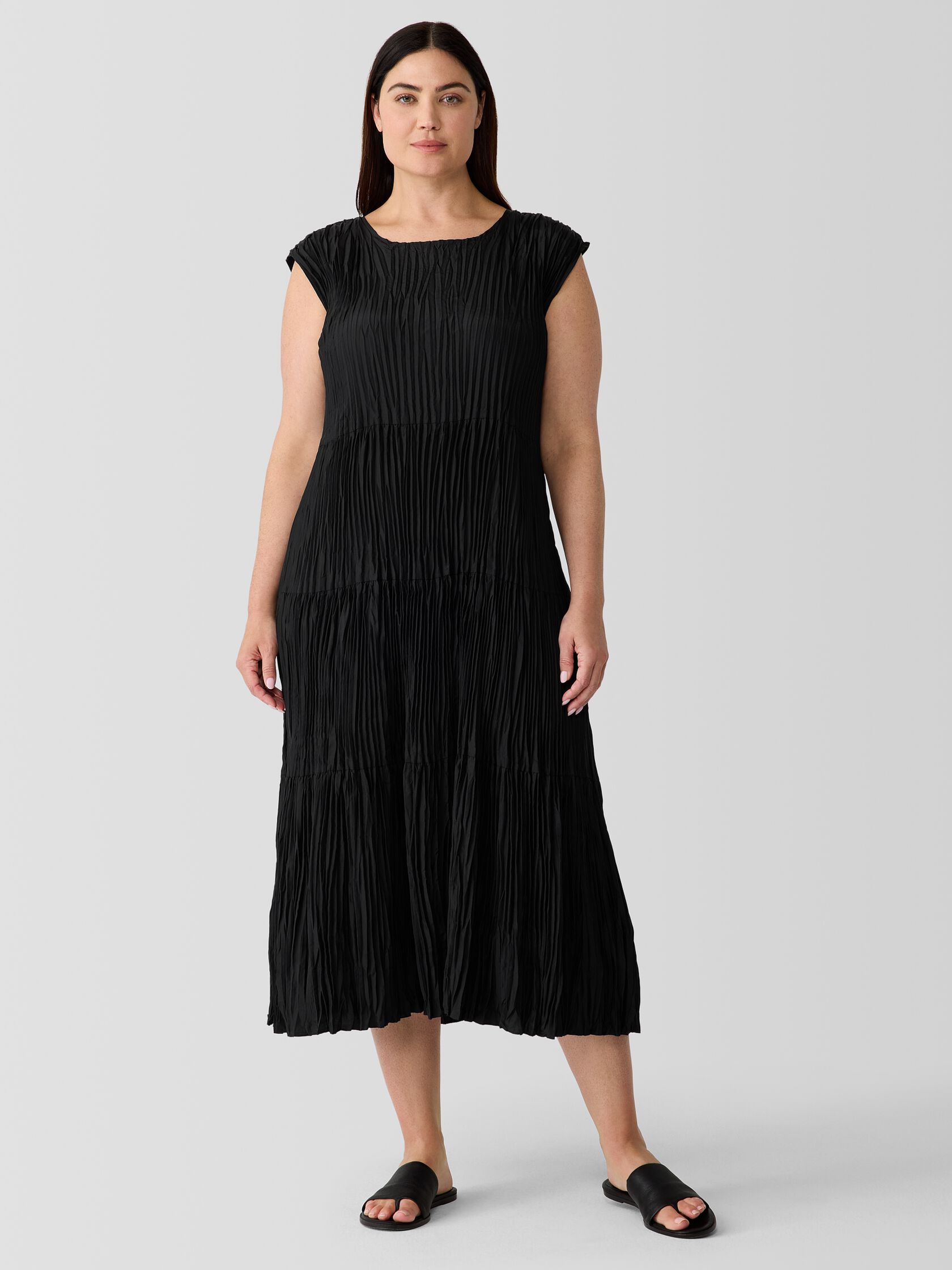 Crushed Silk Jewel Neck Tiered Dress