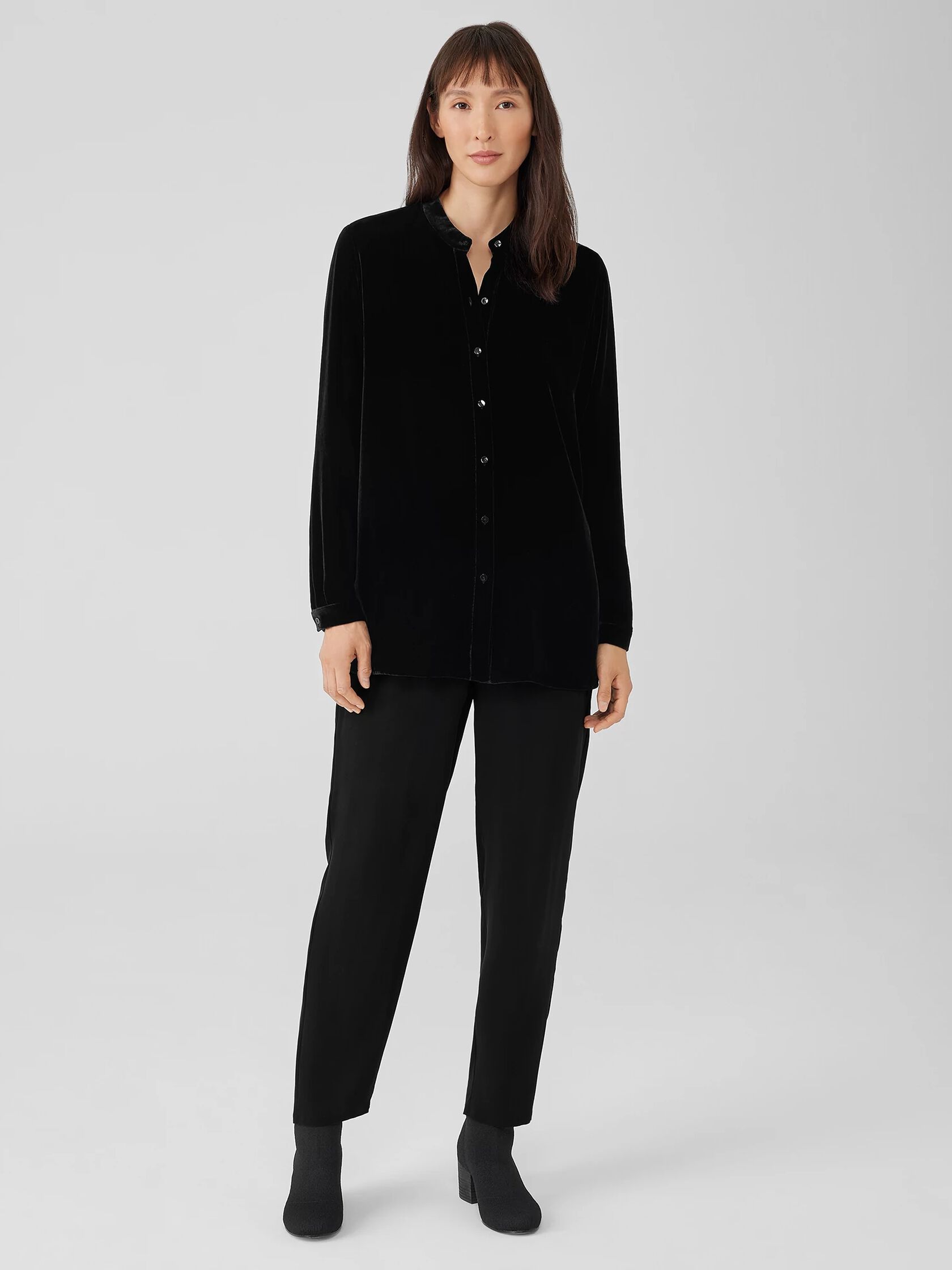 Velvet Band Collar Long Shirt