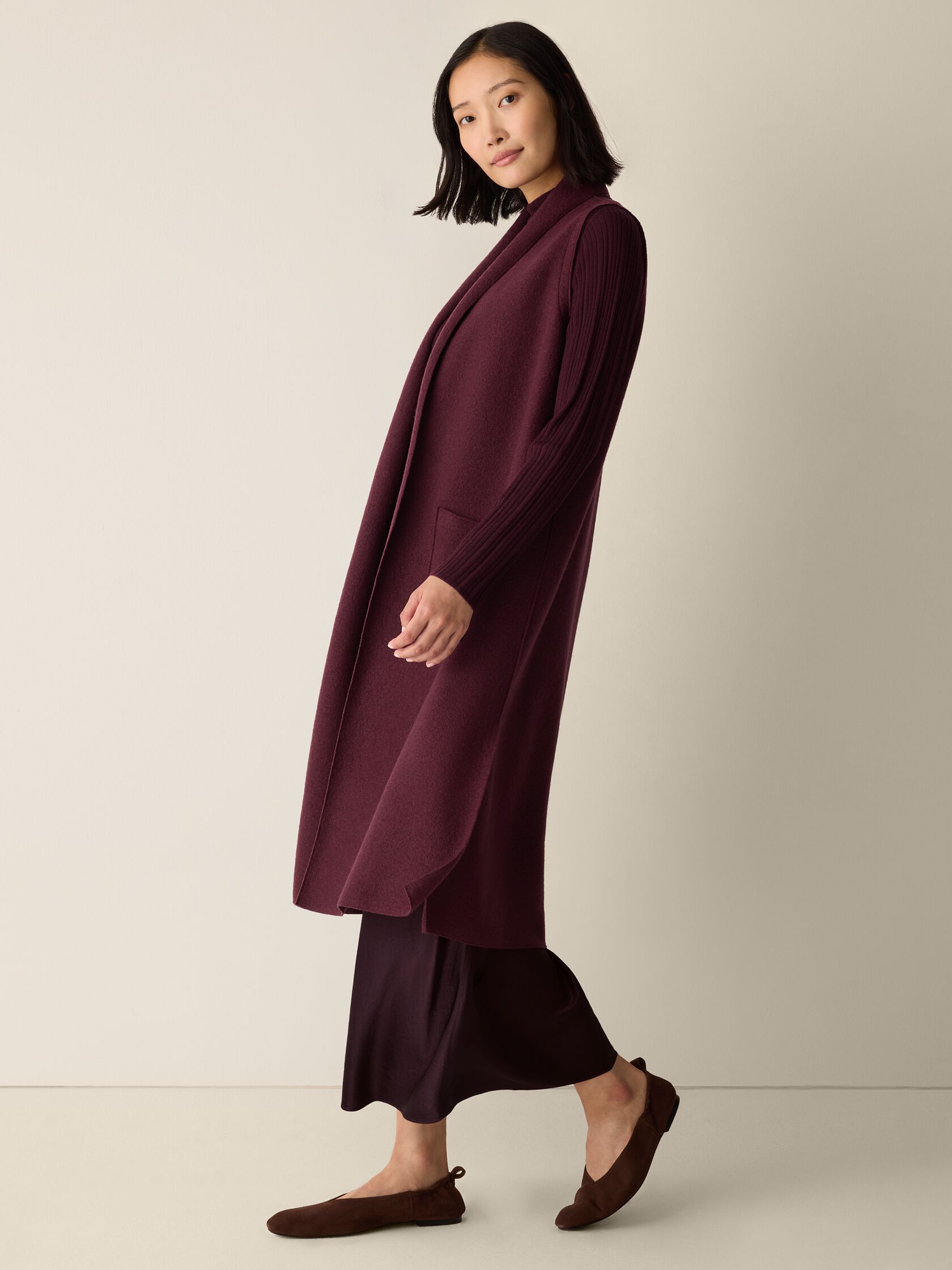 Lightweight Boiled Wool Shawl Collar Vest in Regenerative Wool