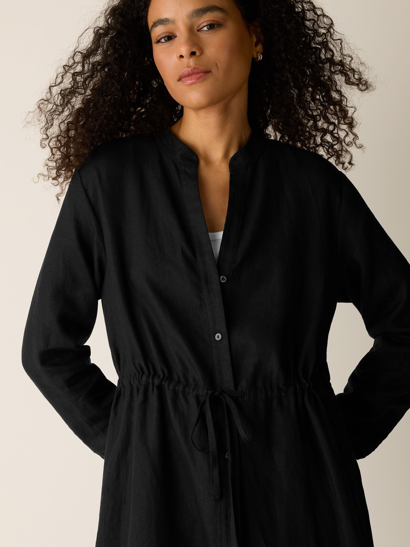 Organic Linen Band Collar Shirtdress