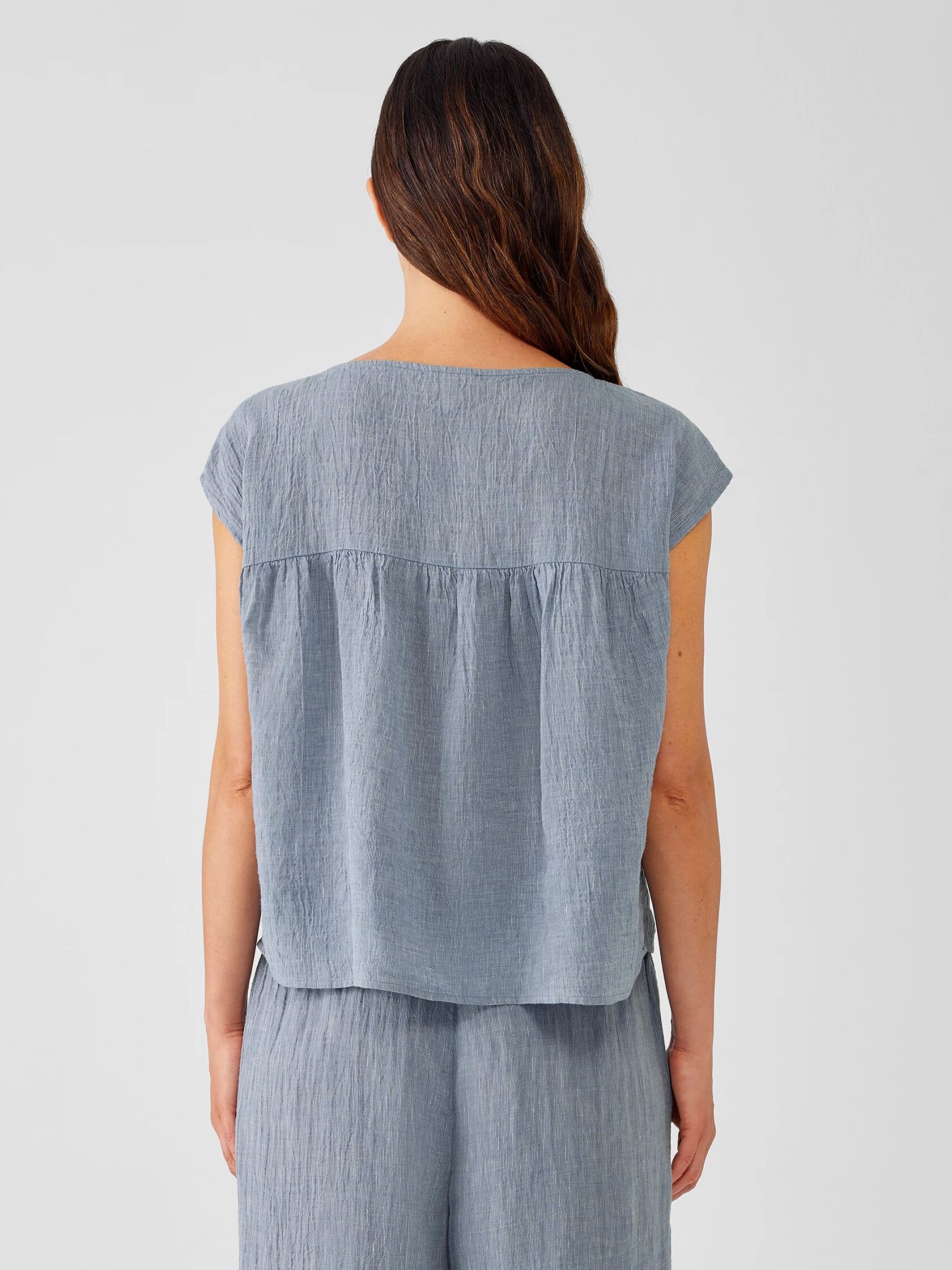 Striped Organic Linen Crinkle Shirred-Back Top