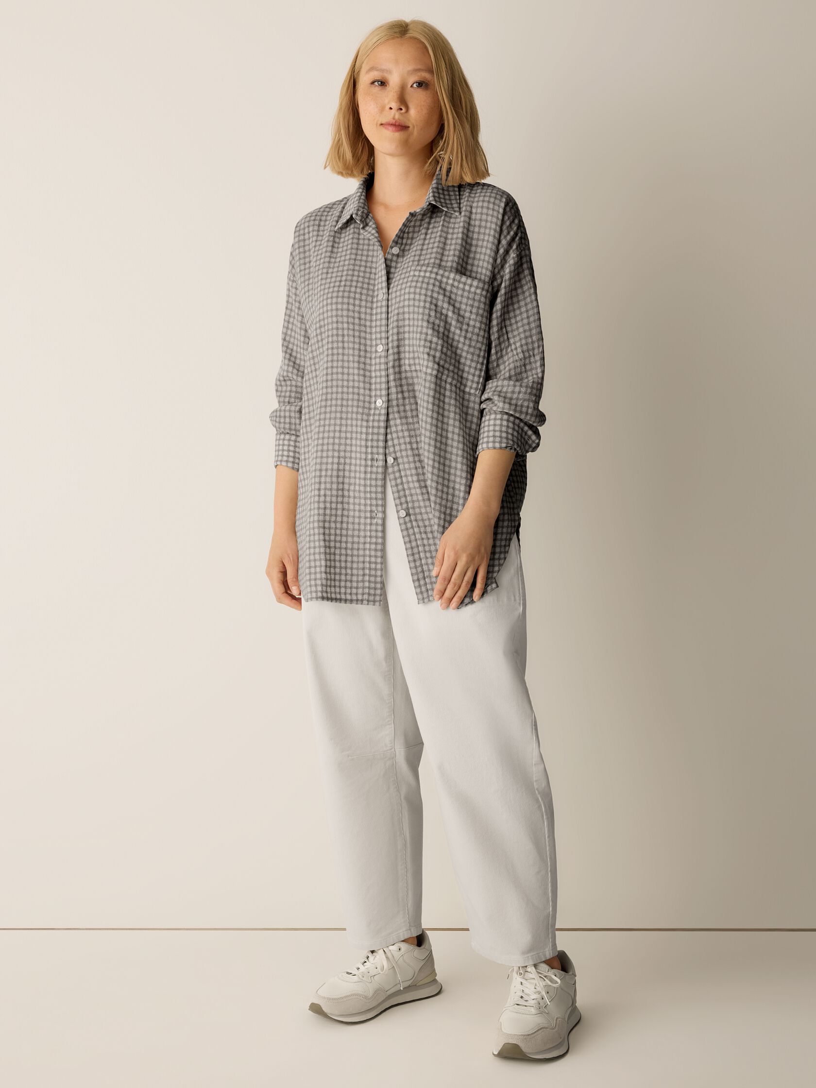 Wool Cotton Check Classic Collar Long Shirt