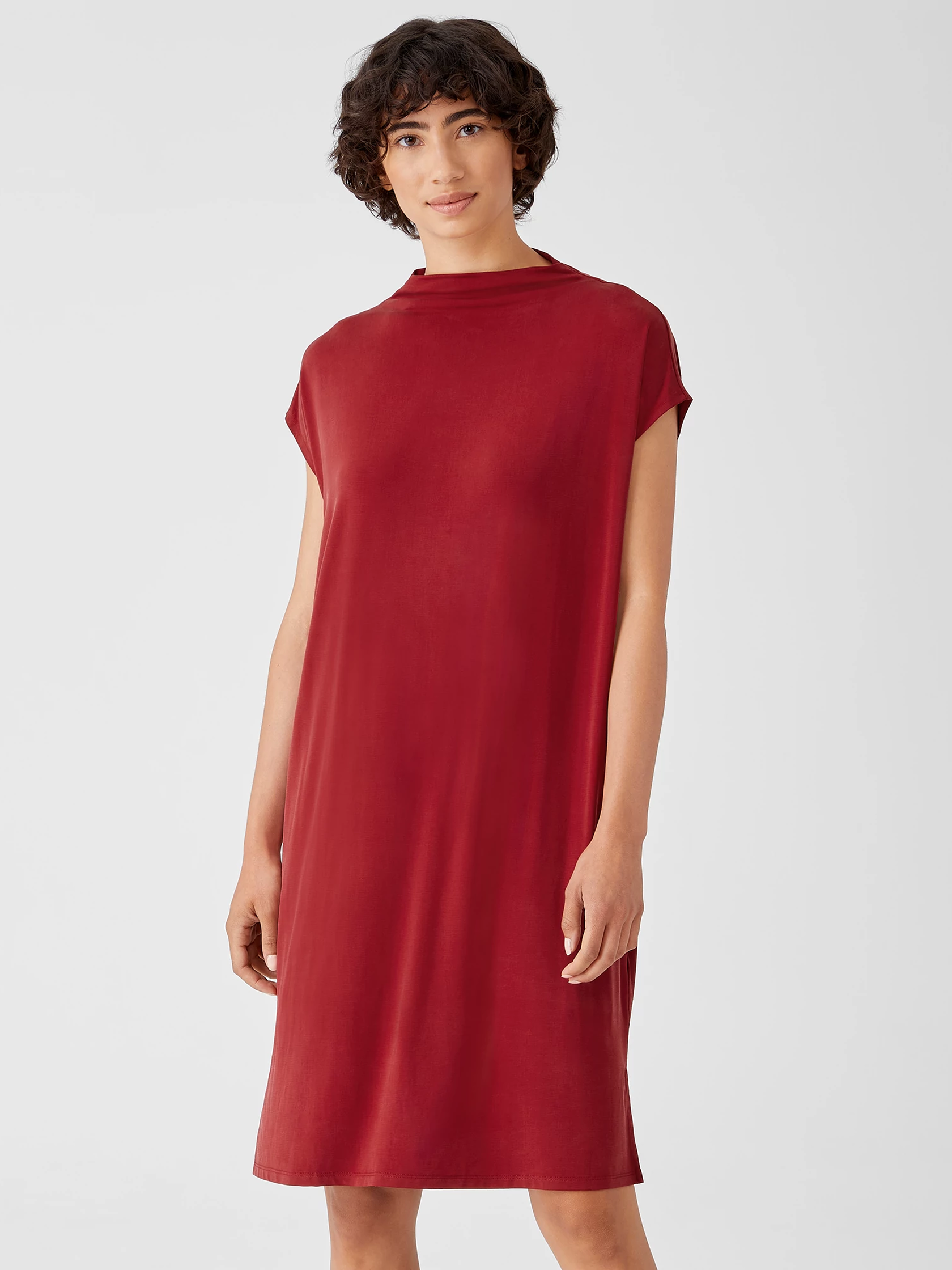 Sueded Cupro Knit Funnel Neck Dress